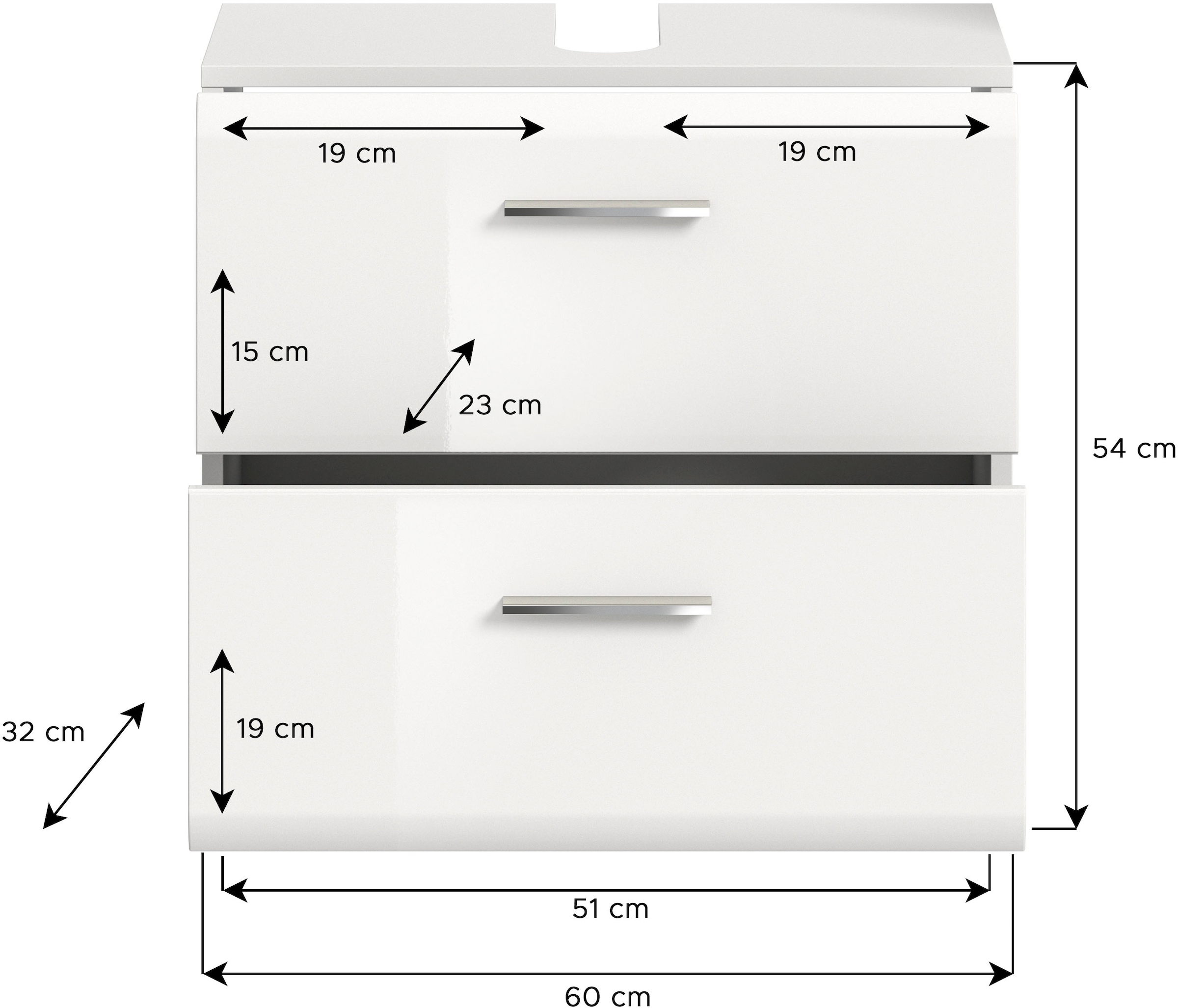 INOSIGN Waschbeckenunterschrank »FLORENZ, TOPSELLER!, Breite 60 cm, 2 Schubkästen,ink. Siphonausschnitt«, hochwertige MDF Front, Griff chromglänzend, Badschrank, Bad
