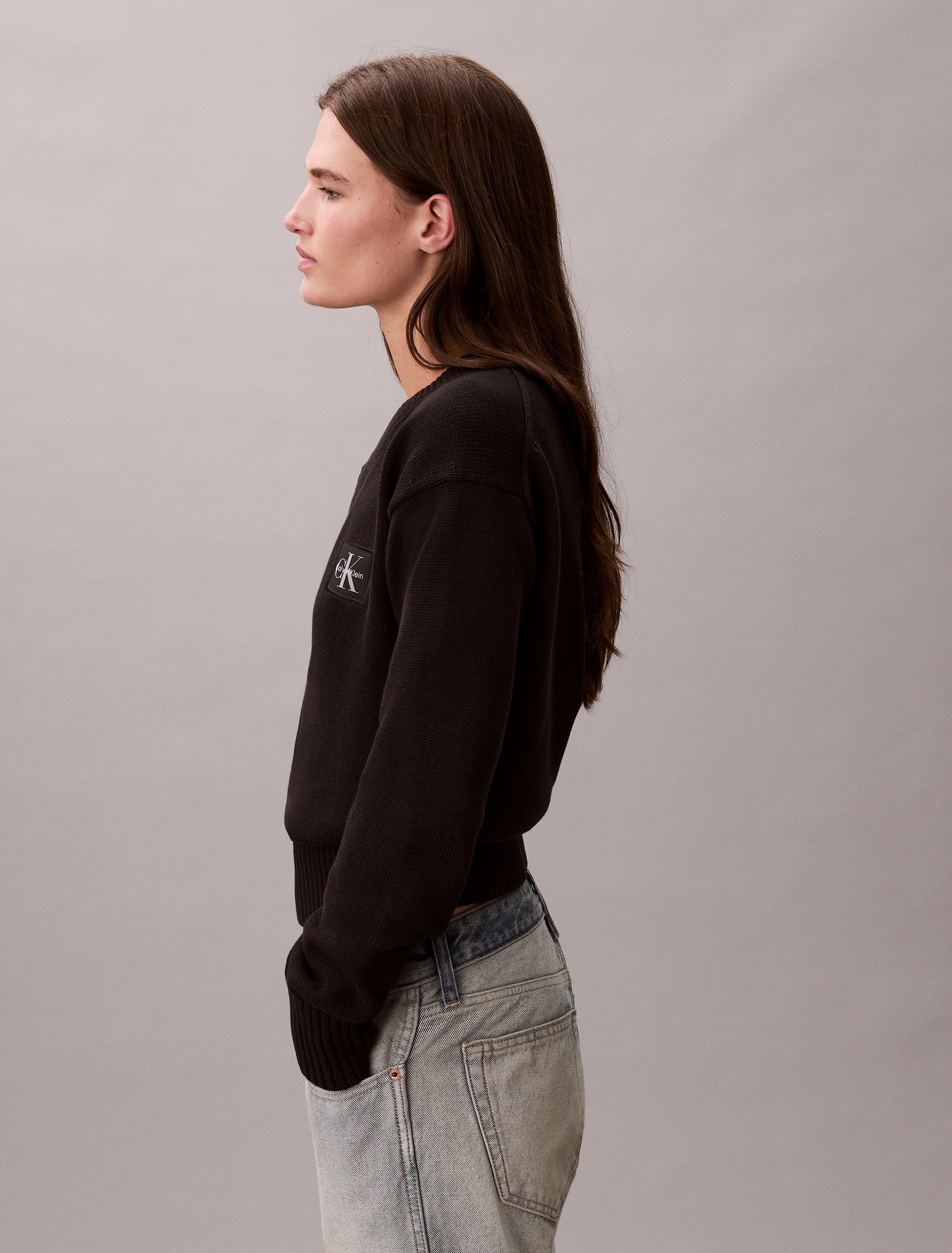 Calvin Klein Jeans V-Ausschnitt-Pullover Feinstrick, taillenlang