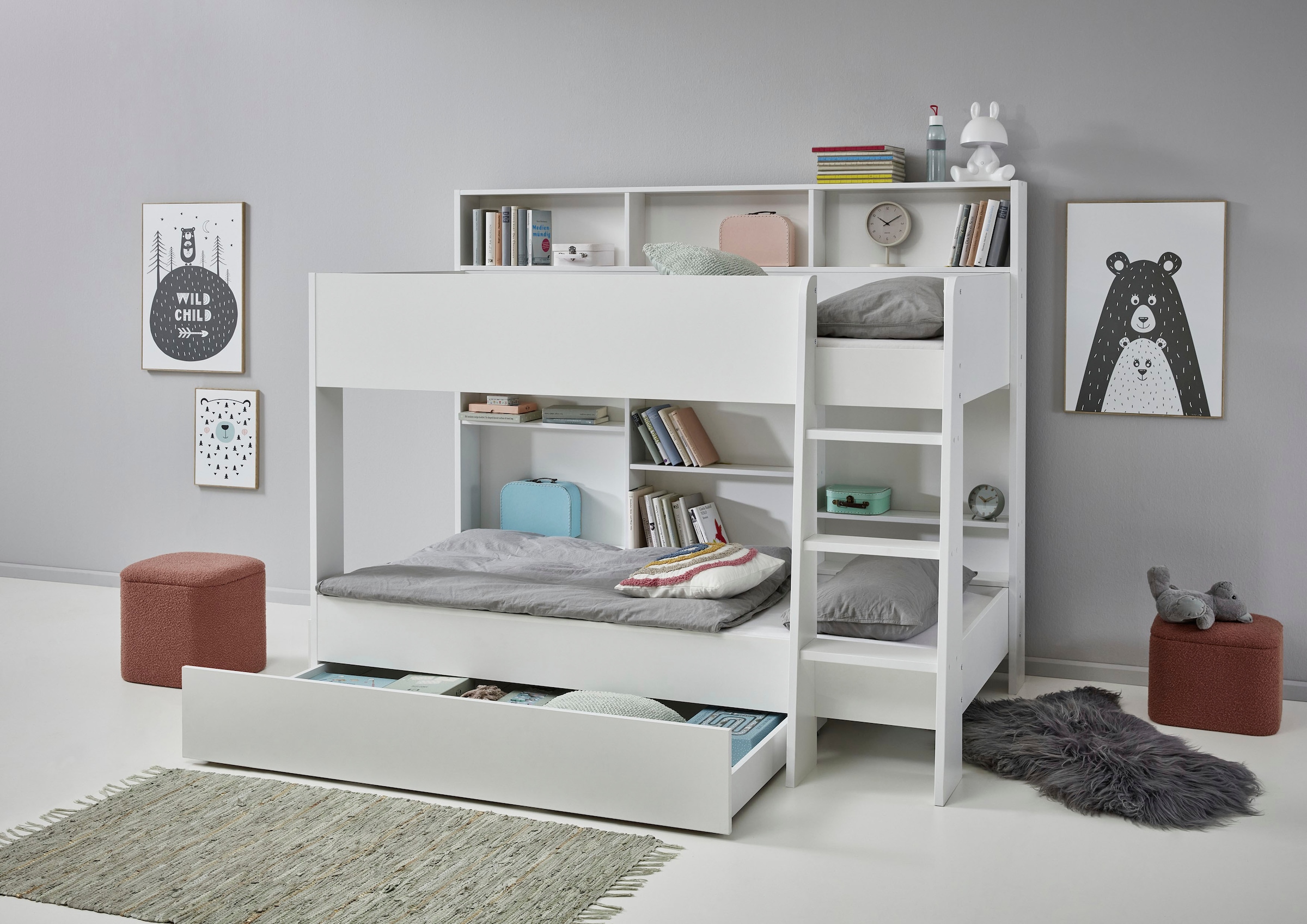 Relita Etagenbett »Sely, viel Funktion auf kleinem Raum, 2 Liegeflächen, modernes Design« viele Regalfächer an der Bettrückseite, inkl. Schublade auf Rollen,  viel Stauraum, pflegeleichte Melamin Oberfläche, 3 Farben zur Wahl