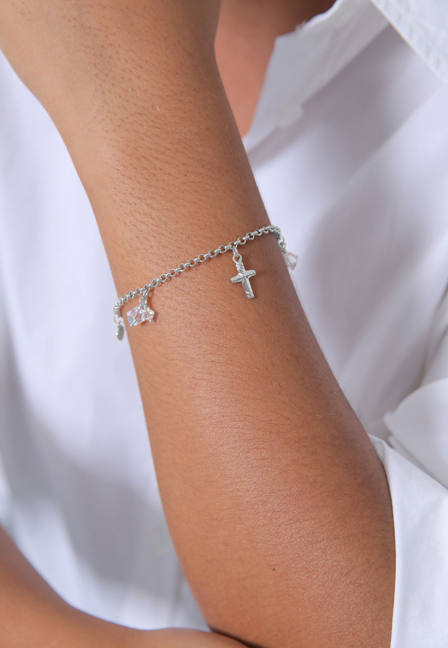 Elli Bettelarmband »Armband Kreuz Herz Anker Kristalle Silber«