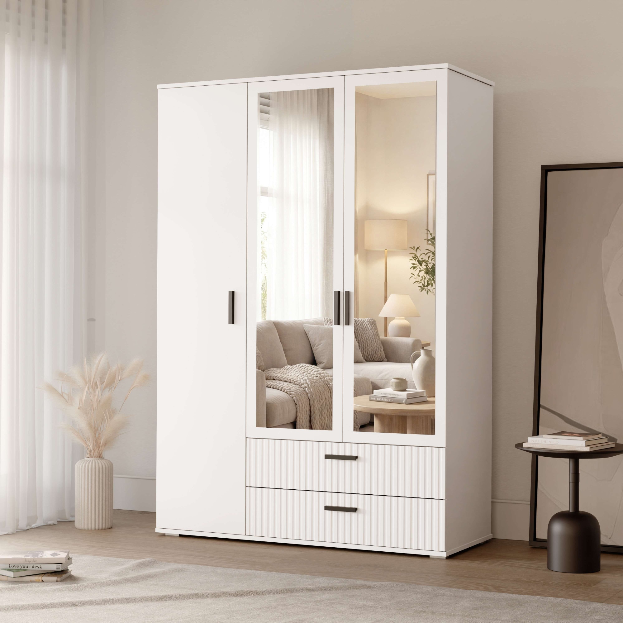 OTTO home Kleiderschrank »KOLLINE, modern mit viel Stauraum & geriffelter Struktur« H/B/T ca. 190/135/52cm,  Garderobe 4 Fächer, Kleiderstange, 2 Schubladen, 2 Spiegel