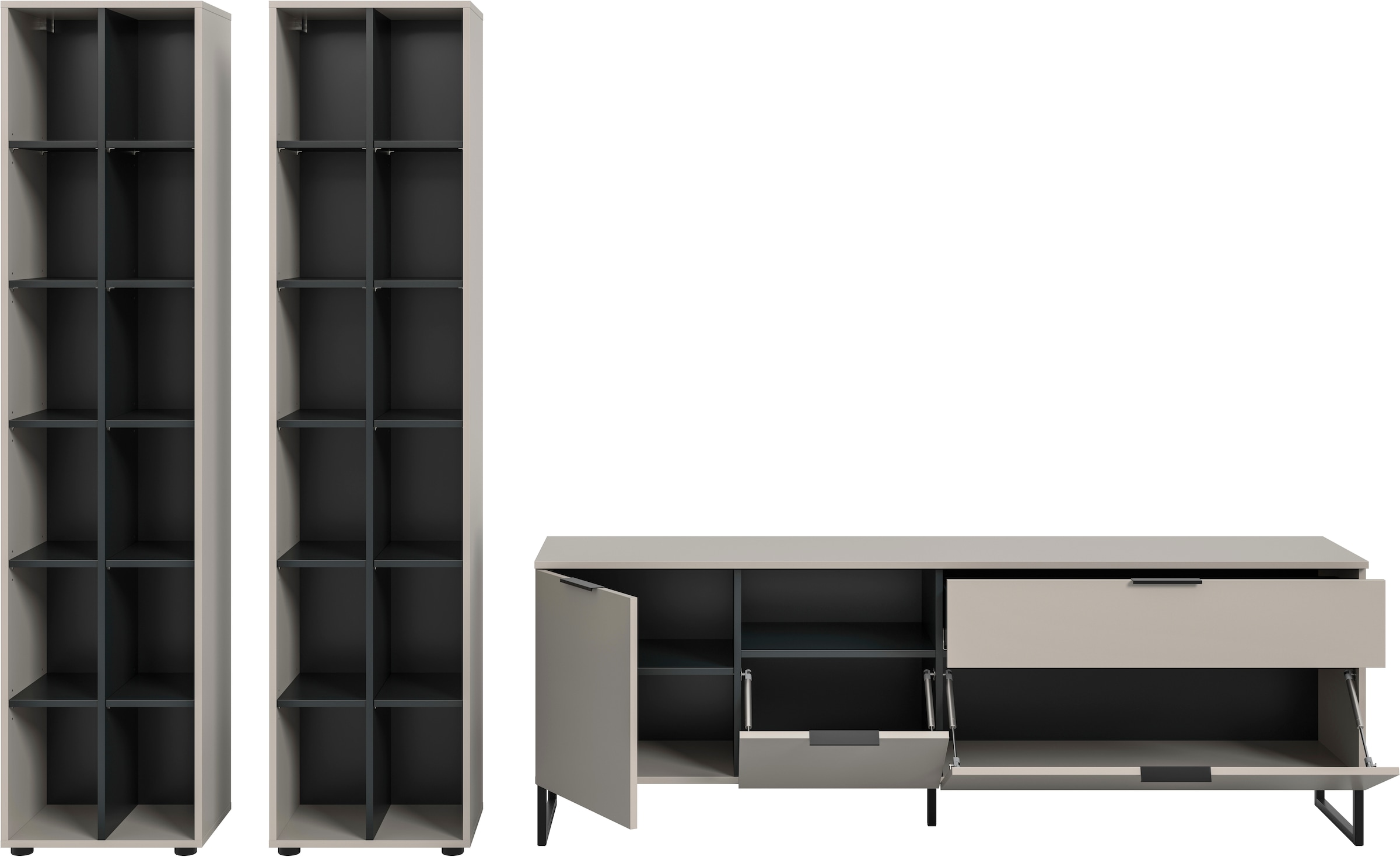 Home affaire Wohnwand »ADIO, Breite 305 cm, 3-teiliges Set, mit Metall-Kufenfüße« Set, bestehend aus: 2x Standregal und Lowboard, 3 Stk. tlg.