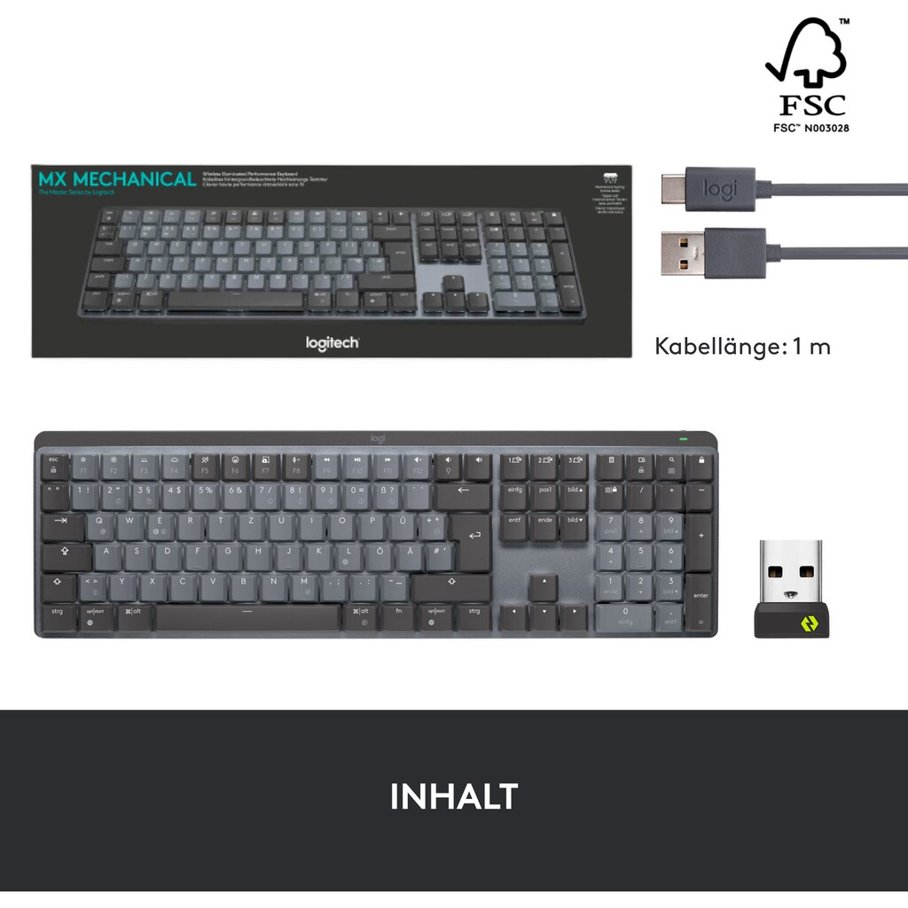 Logitech Tastatur »MX Mechanical Linear«, (Easy-Switch-Funktionstasten-Multimedia-Tasten-USB-Anschluss-Ziffernblock)