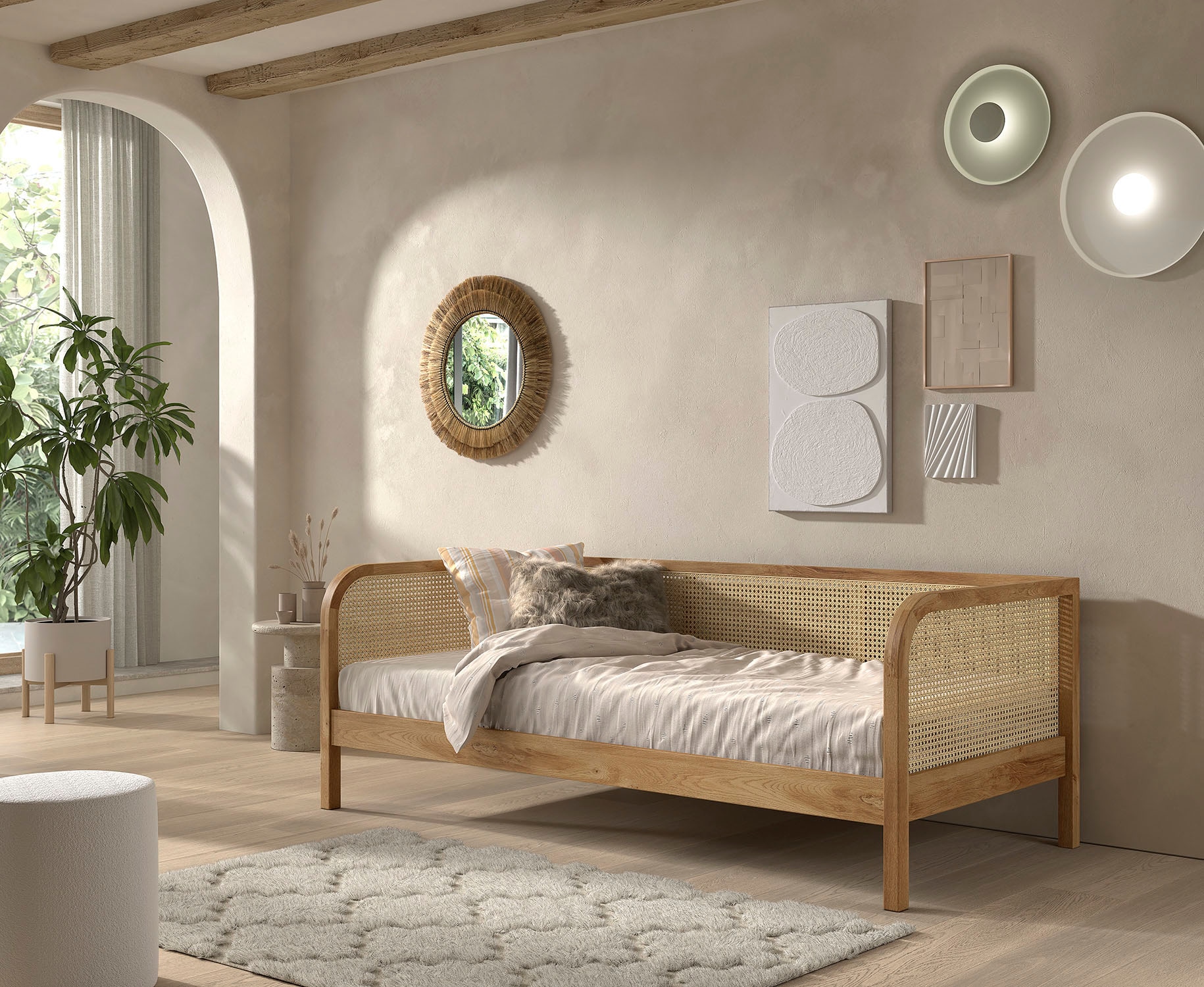 Home affaire Bett »Olive, mit massiven Bettpfosten, stabilem Lattenrost«, (B/H/T ca. 90/75/200cm), mit Lattenrost und trendigem Rattan