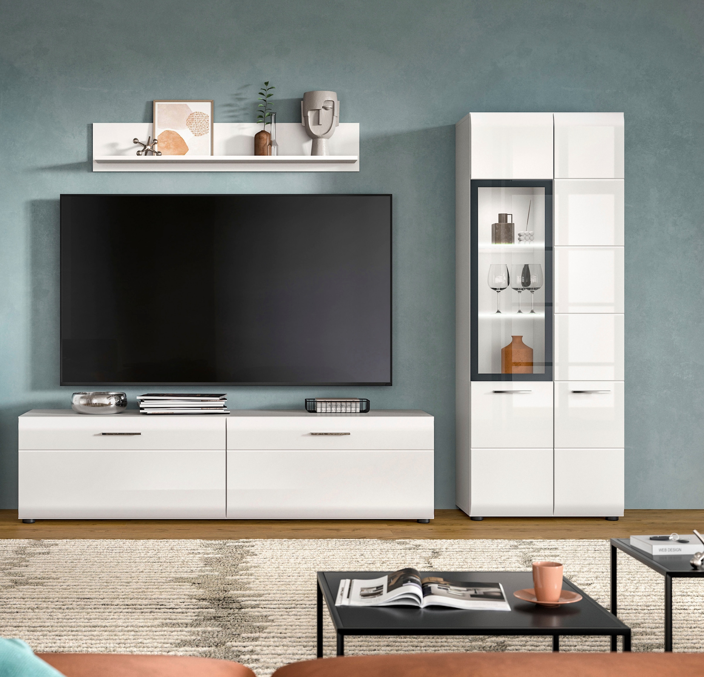 INOSIGN Wohnwand »FLORENZ, 3-teilige Wohn-Kombination, hochwertige MDF-Front« Set, Set, best. aus: 1 Vitrine, 1 Lowboard, 1 Wandboard, 3 Stk. tlg.