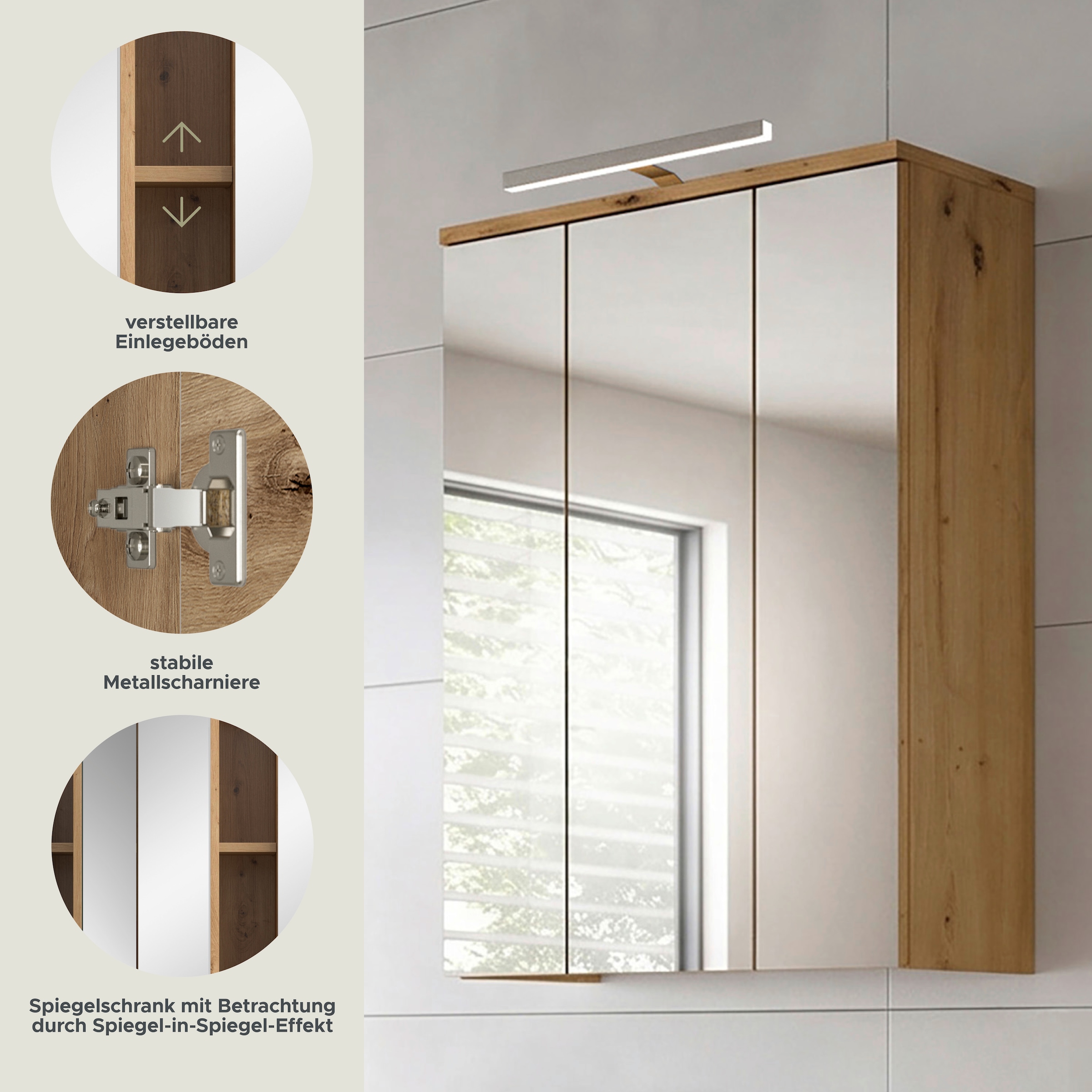 welltime Badezimmerspiegelschrank »LUCCA, Breite 60cm, inkl. LED Beleuchtung, 3 Spiegeltüren« Set, 2 Stk. tlg.