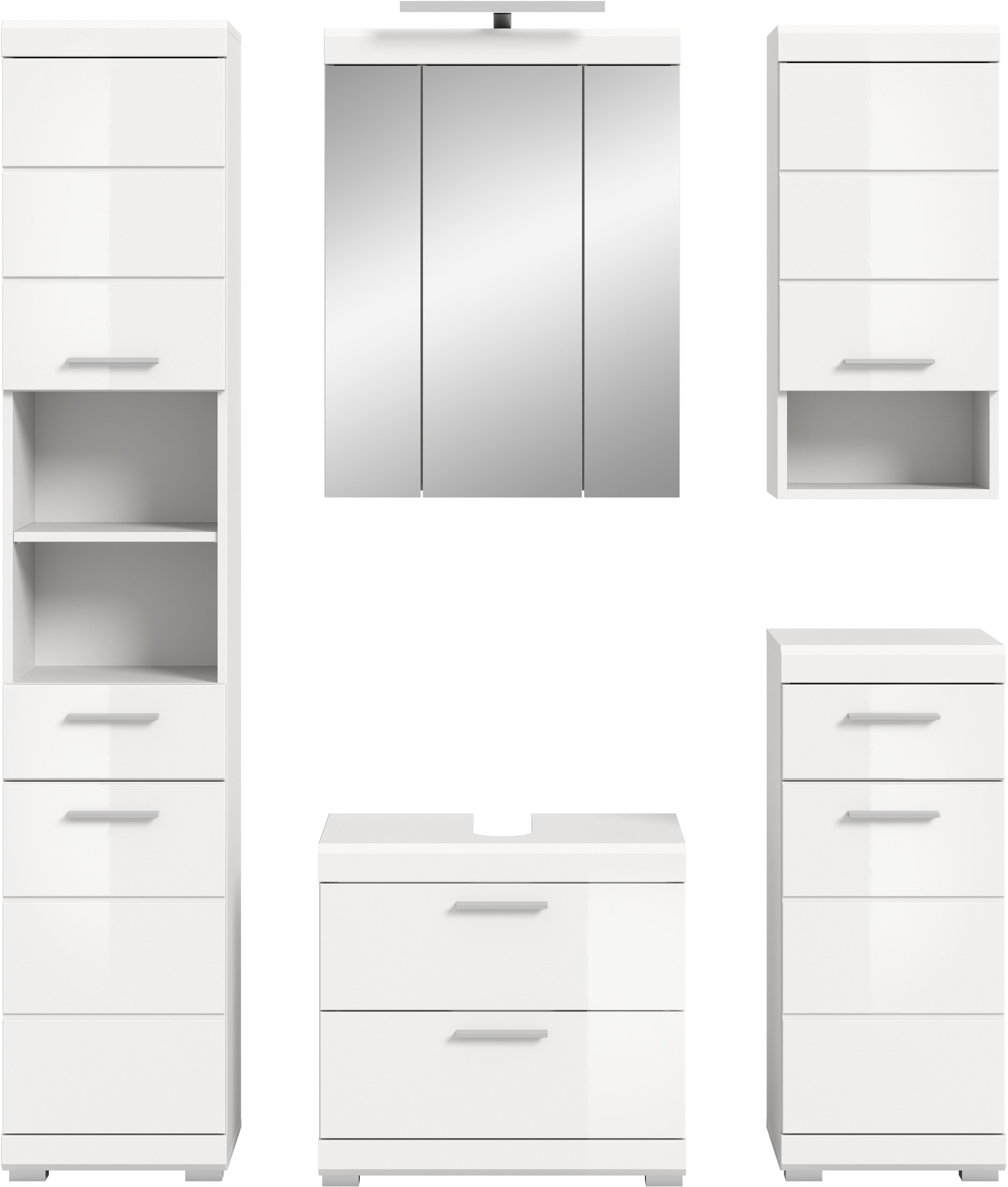 INOSIGN Badmöbel-Set »Siena, 5 teilig, inklusive LED Beleuchtung, bestehend aus:«, (Set), Hochschrank, WBU, Spiegelschrank, Unterschrank, Hängeschrank