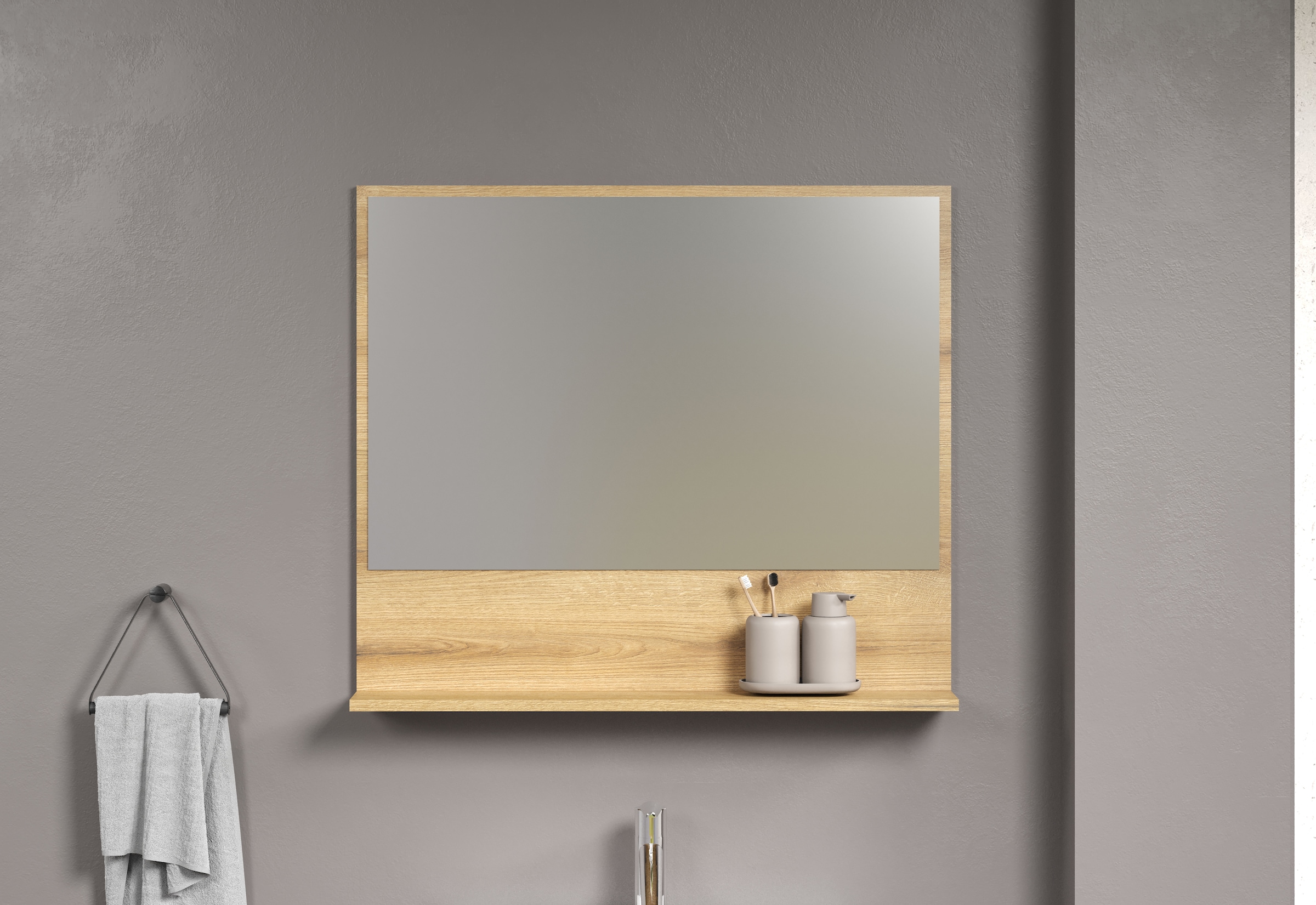 welltime Spiegel »Amrum Badezimmerspiegel Badmöbel Wandspiegel«, BxHxT 80 x 74 x 14cm eleganter Spiegel in einem zeitlosen Eiche Dekor