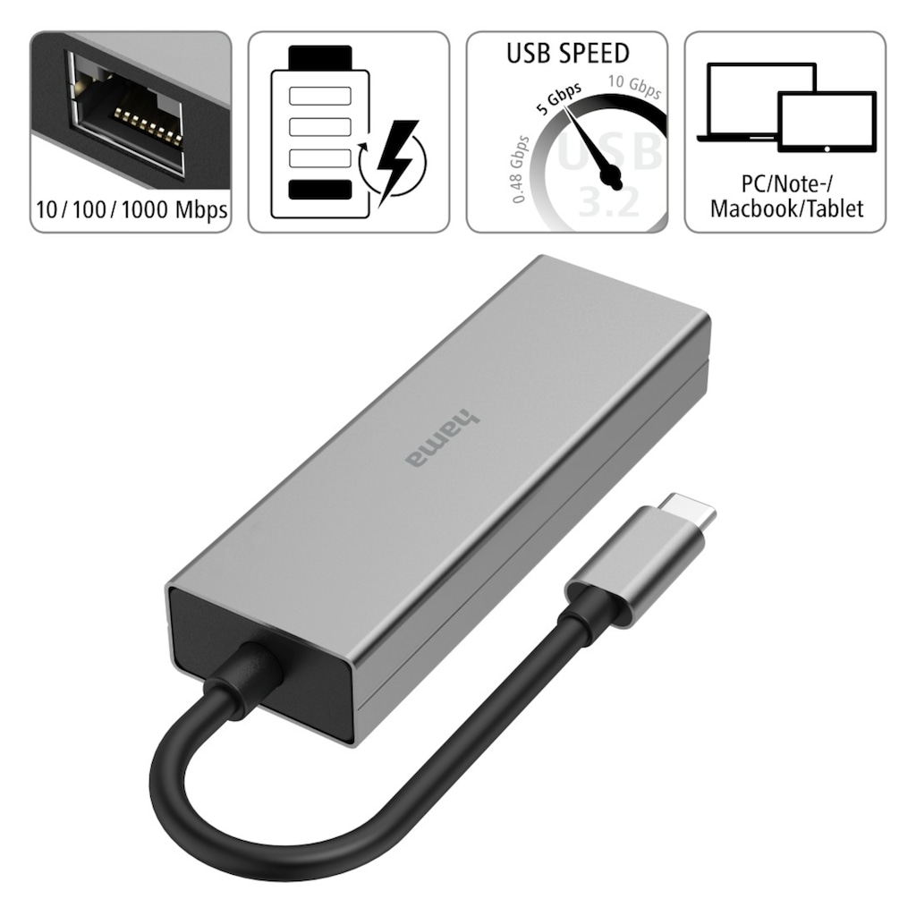 Hama USB-Adapter »USB-C Hub Multiport, 2x USB-A, USB-C, LAN/Ethernet, Notebook Laptop«, USB-C zu USB-C-RJ-45 (Ethernet)-USB Typ A