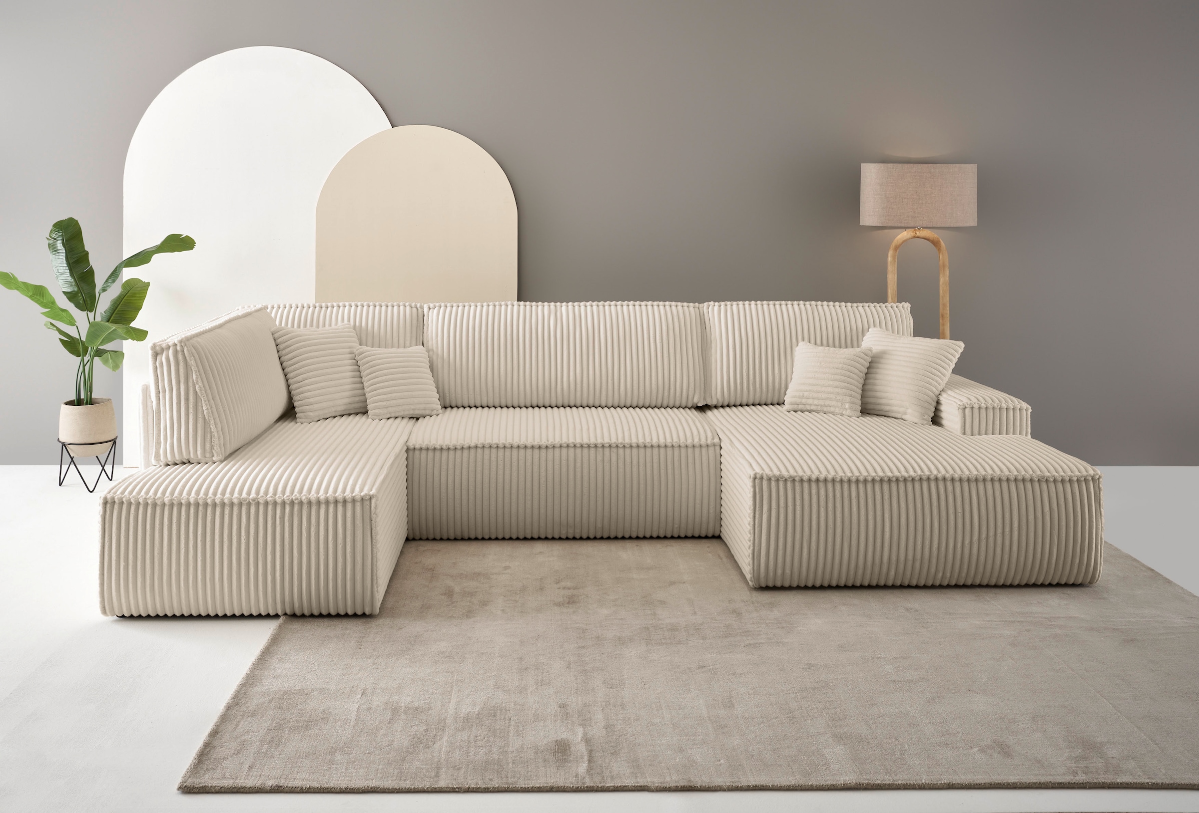 andas Wohnlandschaft »FINNLEY U-Form XXL 329 cm, Schlafsofa, Schlaffunktion m. Bettkasten«, (194/139 cm), Bouclé, Struktur und Cord