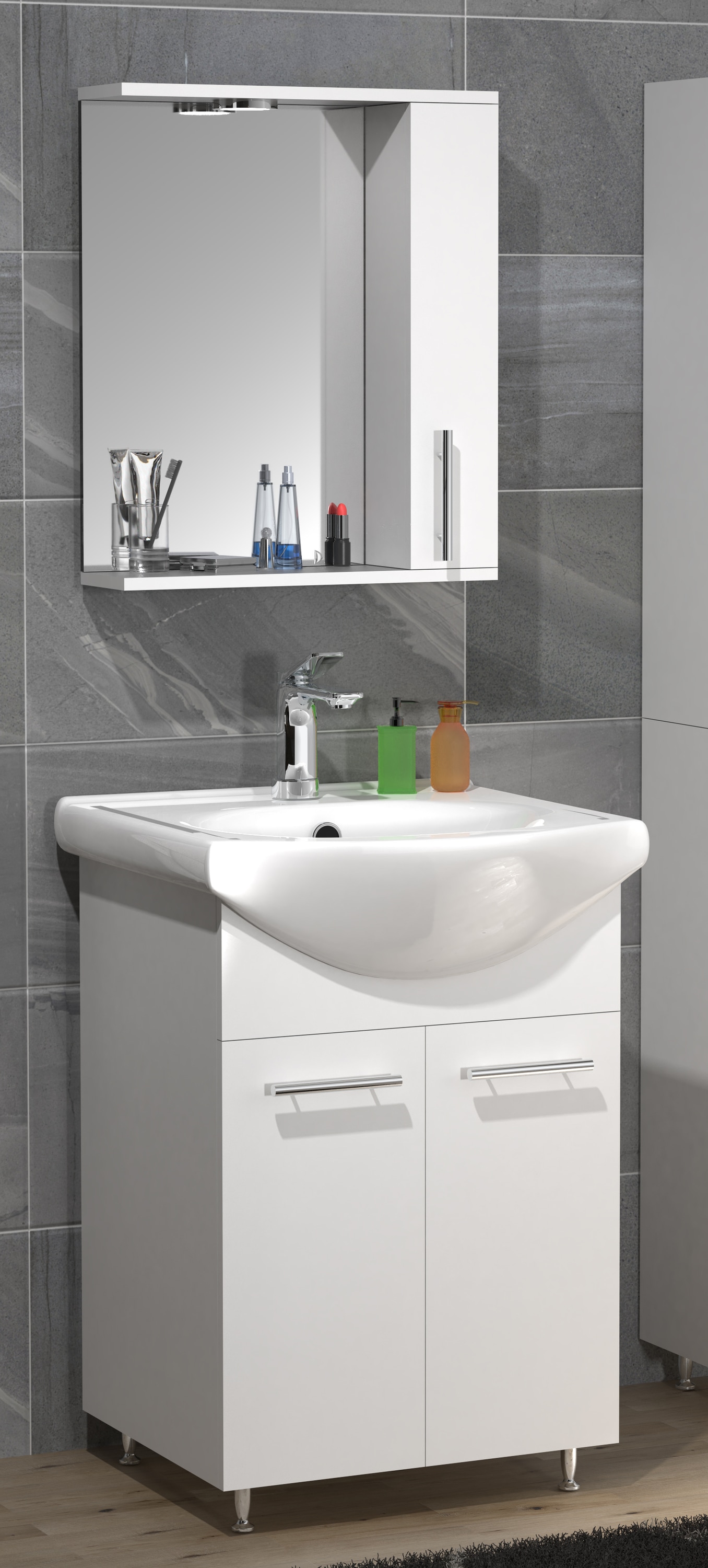 VCM Waschbeckenunterschrank »VCM 3-tlg. Waschplatz Waschtisch Badmöbel Set Waschbecken Spiegelschrank Drehtüren Lisalo M«, (3 St.)