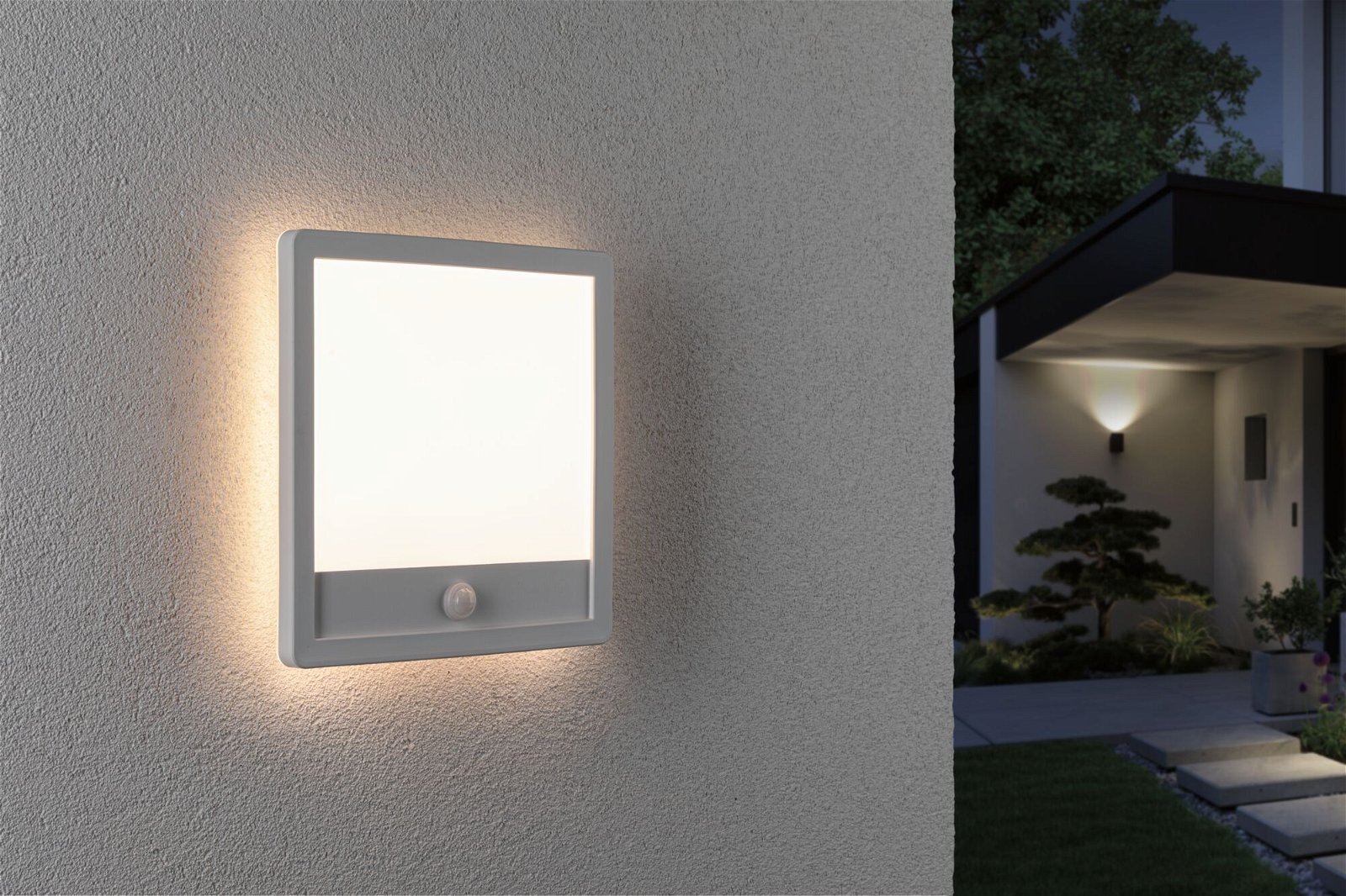 Paulmann LED Außen-Wandleuchte »Außenpanel Lamina 250x47mm 3000K 14,5W 950lm 230V Kunststoff« 1 Stk. Warmweiß Backlight Bewegungsmelder seewasserresistent IP44 3000 K, eckig