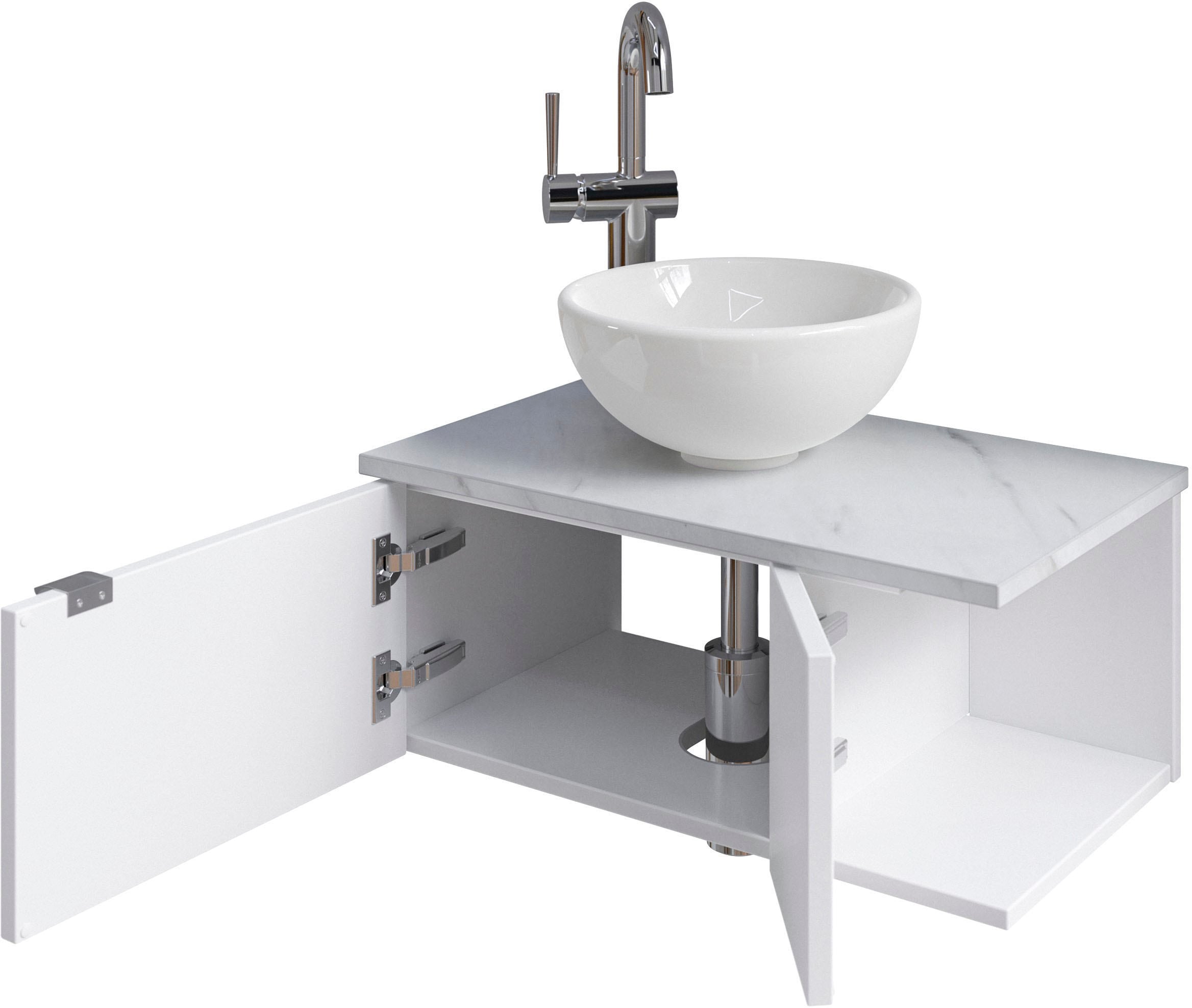 Saphir Waschtisch »Serie 6915 Waschschale mit Unterschrank für Gästebad, Gäste WC« Keramik-Aufsatzbecken, Waschtischplatte, Waschtischunterschrank, 3 Stk. tlg. 61 cm breit, 2 Türen, offenes Fach, kleine Bäder, ohne Armatur