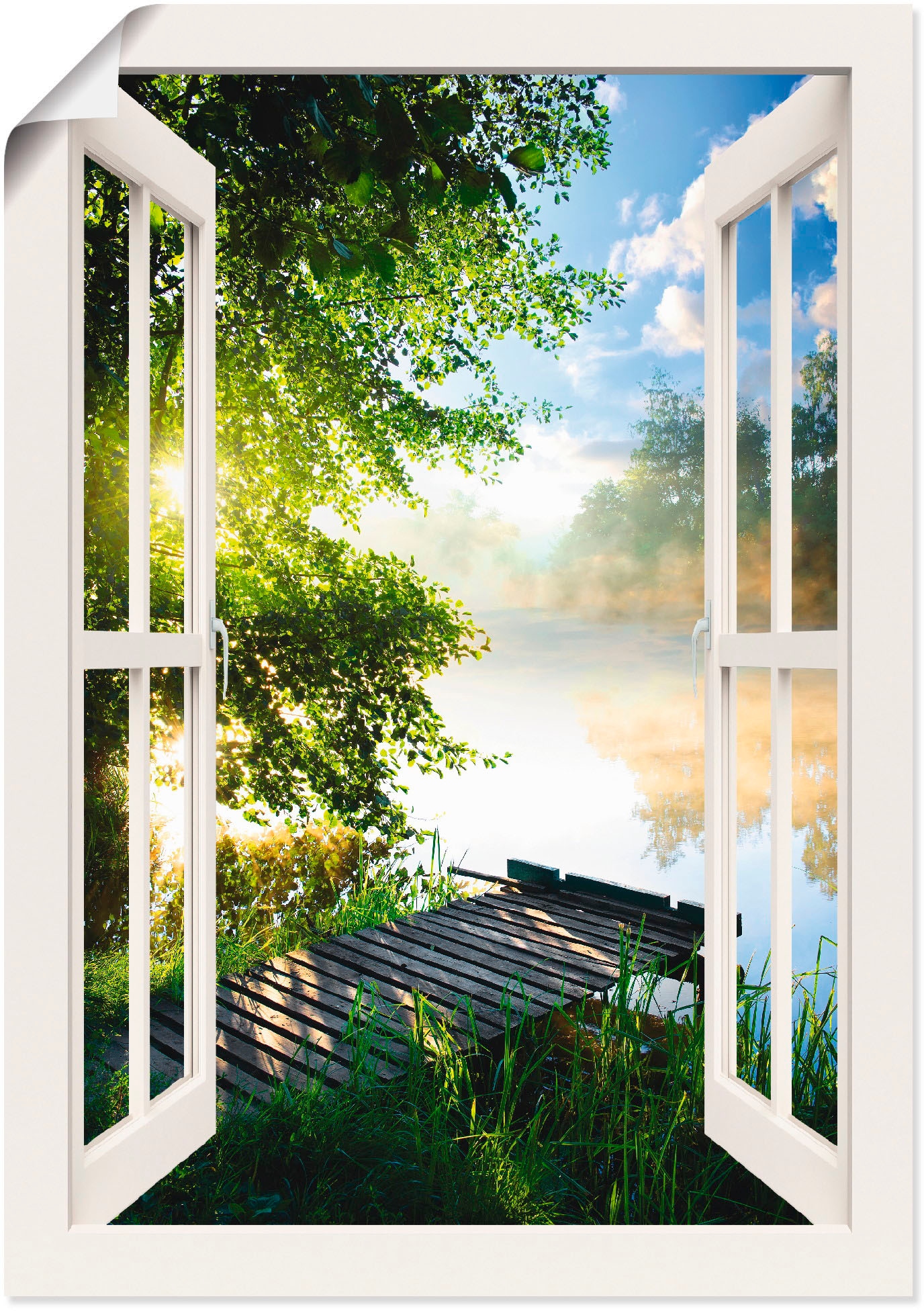 Artland Wandbild »Fensterblick Angelsteg am Fluss«, Fensterblick, (1 St.), als Alubild, Outdoorbild, Leinwandbild, Poster, Wandaufkleber