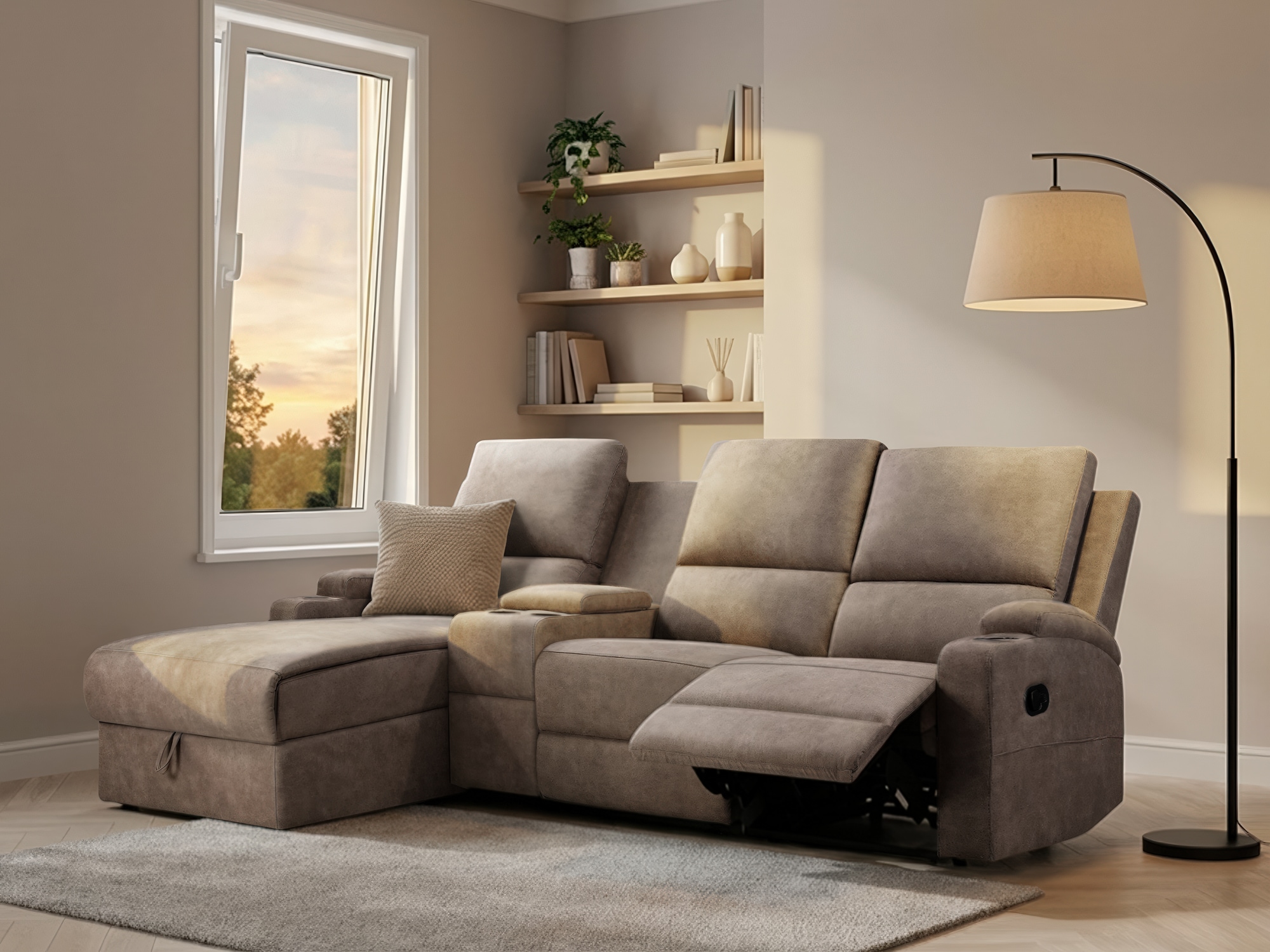 OTTO home Ecksofa »NAPORI Microfaser, Multimediasofa, 3er Kinosessel XXL, L-Form« Kinosofa, manuelle o. elektr. Relaxfunktion, Staufach, Getränkehalter