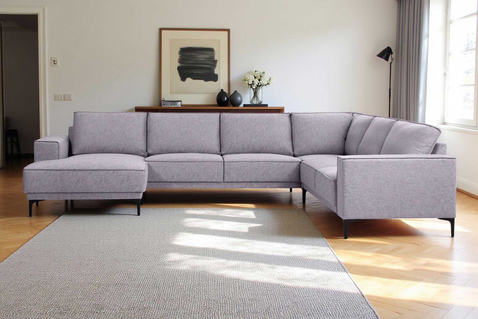 Places of Style Wohnlandschaft »XXL Sofa Oland, Struktur, Flachgewebe, Luxus-Microfaser, Boucle«, U-Form, 342 cm, Wellenunterfederung, Skandi-Design, Metallfüße