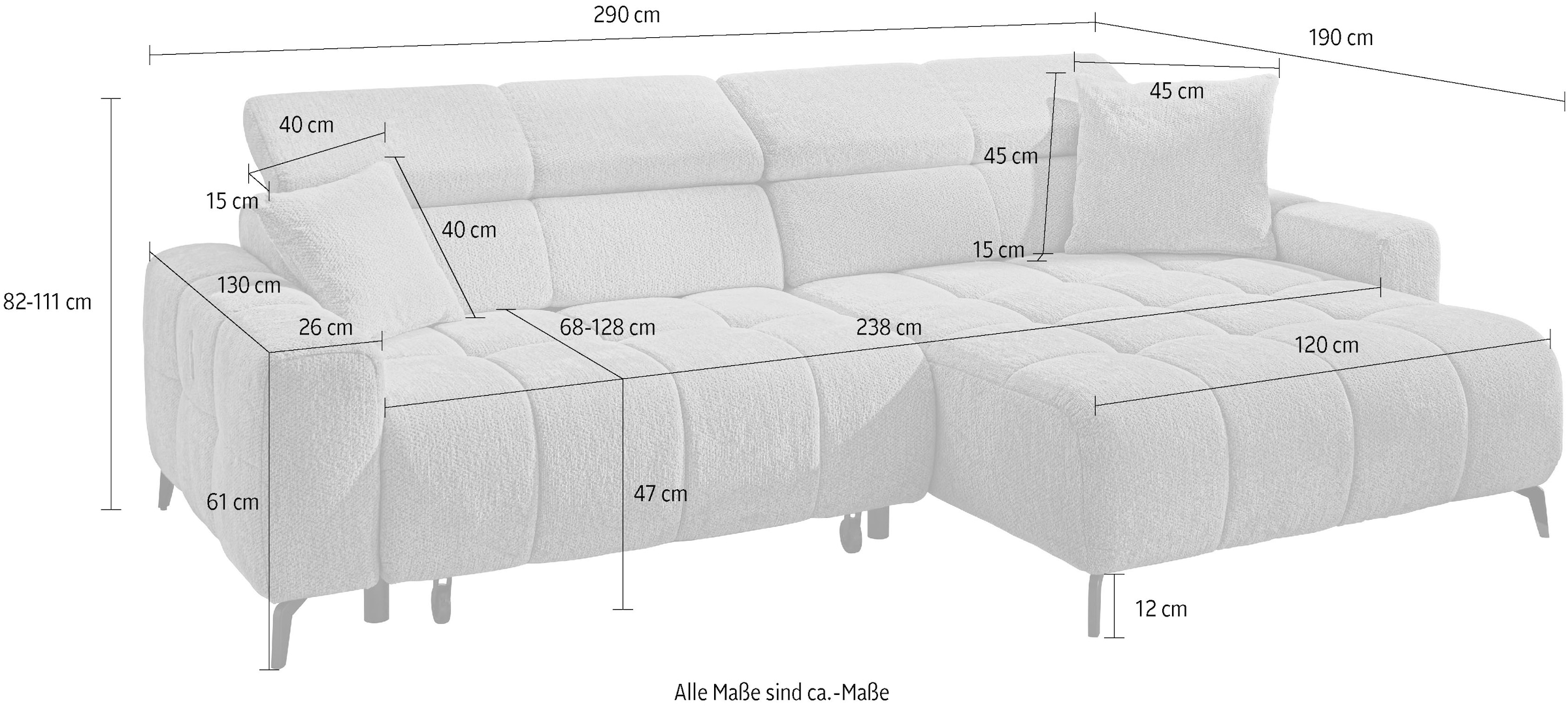 Jockenhöfer Gruppe Ecksofa »Racer, L-Form, B: 290cm, mit 60 cm elektrischer Sitztiefenverstellung« 140kg Belastbarkeit je Sitz, verstellbaren Kopfstützen, USB-Ports