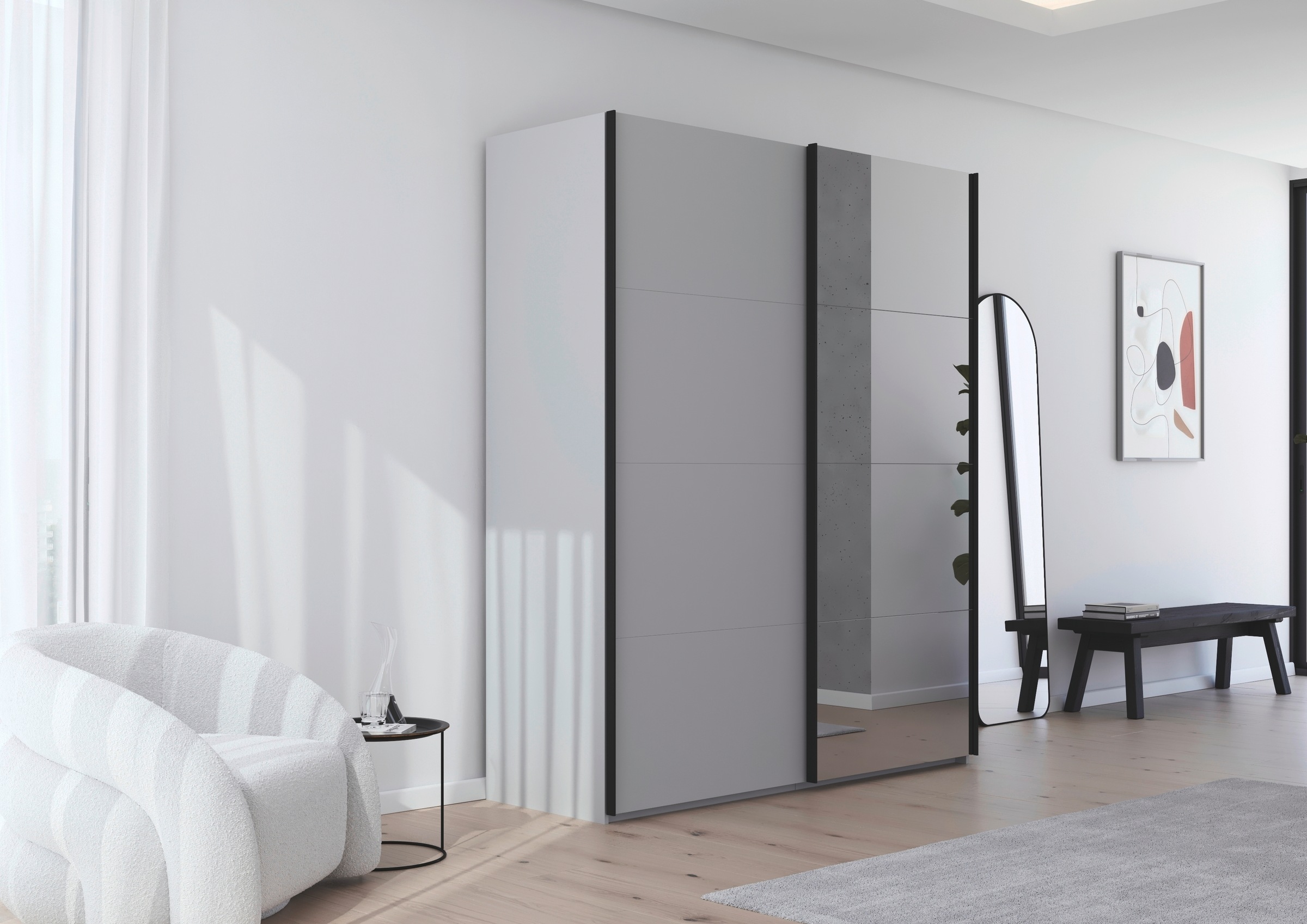 rauch Schwebetürenschrank »Kleiderschrank Schrank Garderobe Schlafzimmerschrank SCALE-FYRA« edle viergeteilte Türen mit Spiegel und vielen Farben MADE IN GERMANY