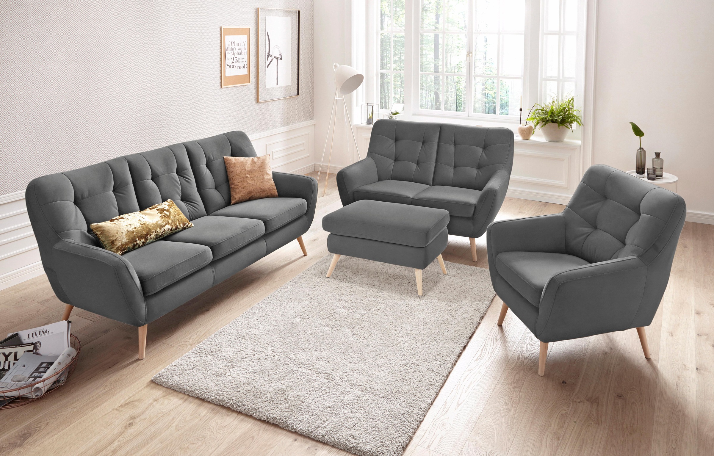 exxpo - sofa fashion Hocker »Scandi bequem und elegant mit hohem Holzfuß«, bequem und elegant mit hohem Holzfuß
