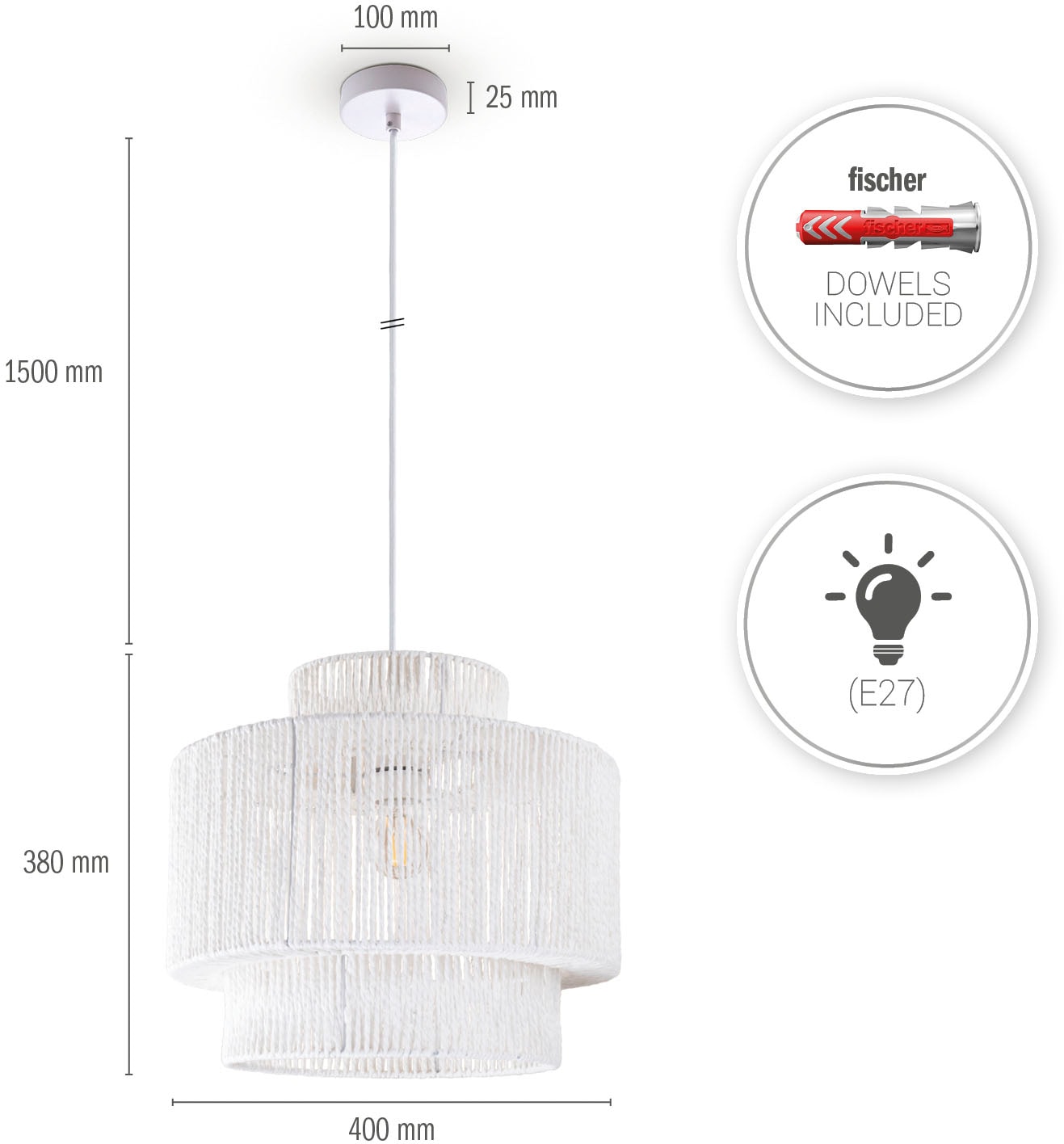 Paco Home Pendelleuchte »Hugo Lupita«, Leuchtmittel E27 | ohne Leuchtmittel, Wohnzimmer Esszimmer Rattan Optik Boho Lampenschirm Papier