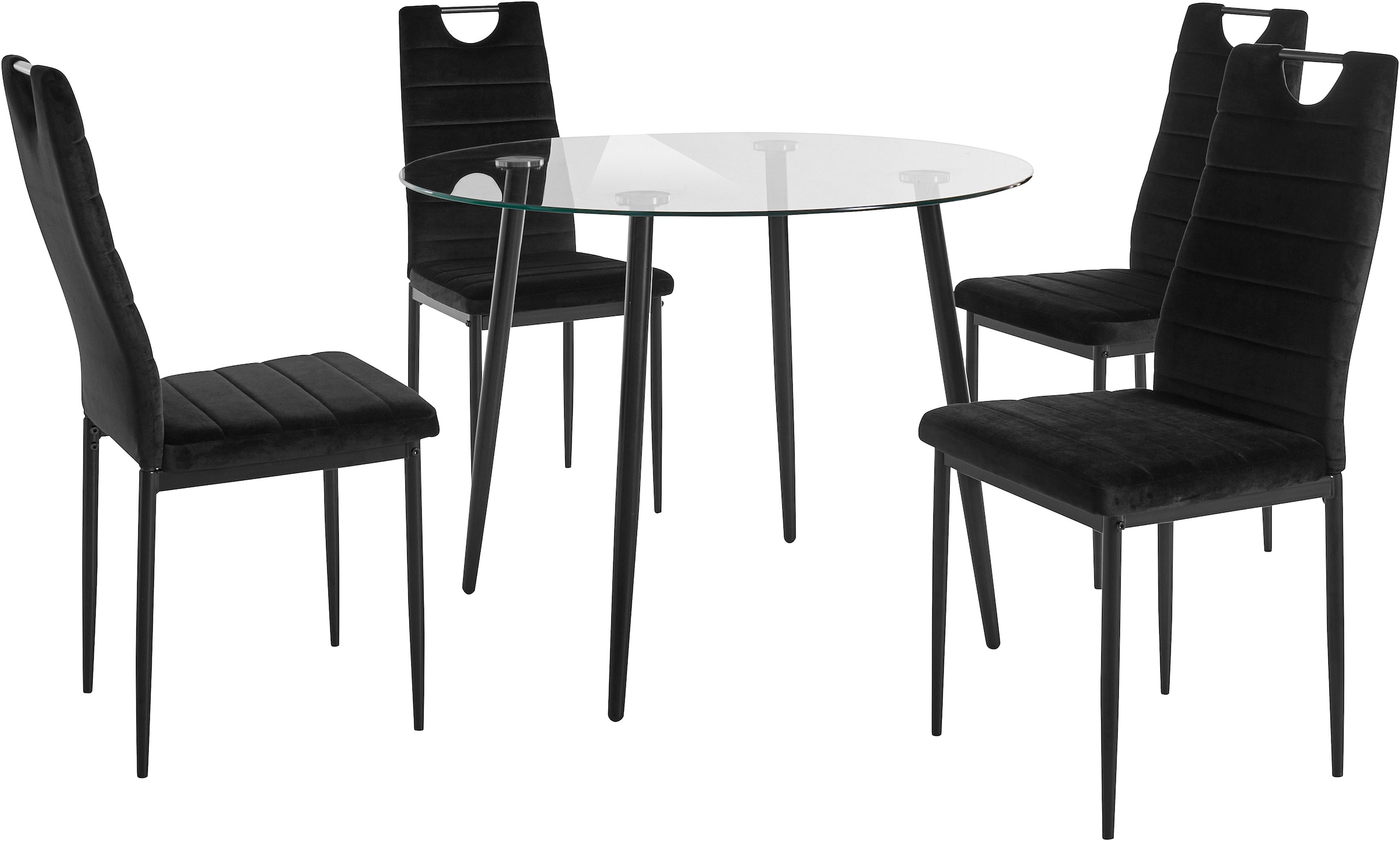 INOSIGN Essgruppe, (Set, 5 und 100 Bezug Esszimmerstühlen, auf cm Samtstoff Ø Rechnung aus kaufen runder 4 Glastisch, tlg.)