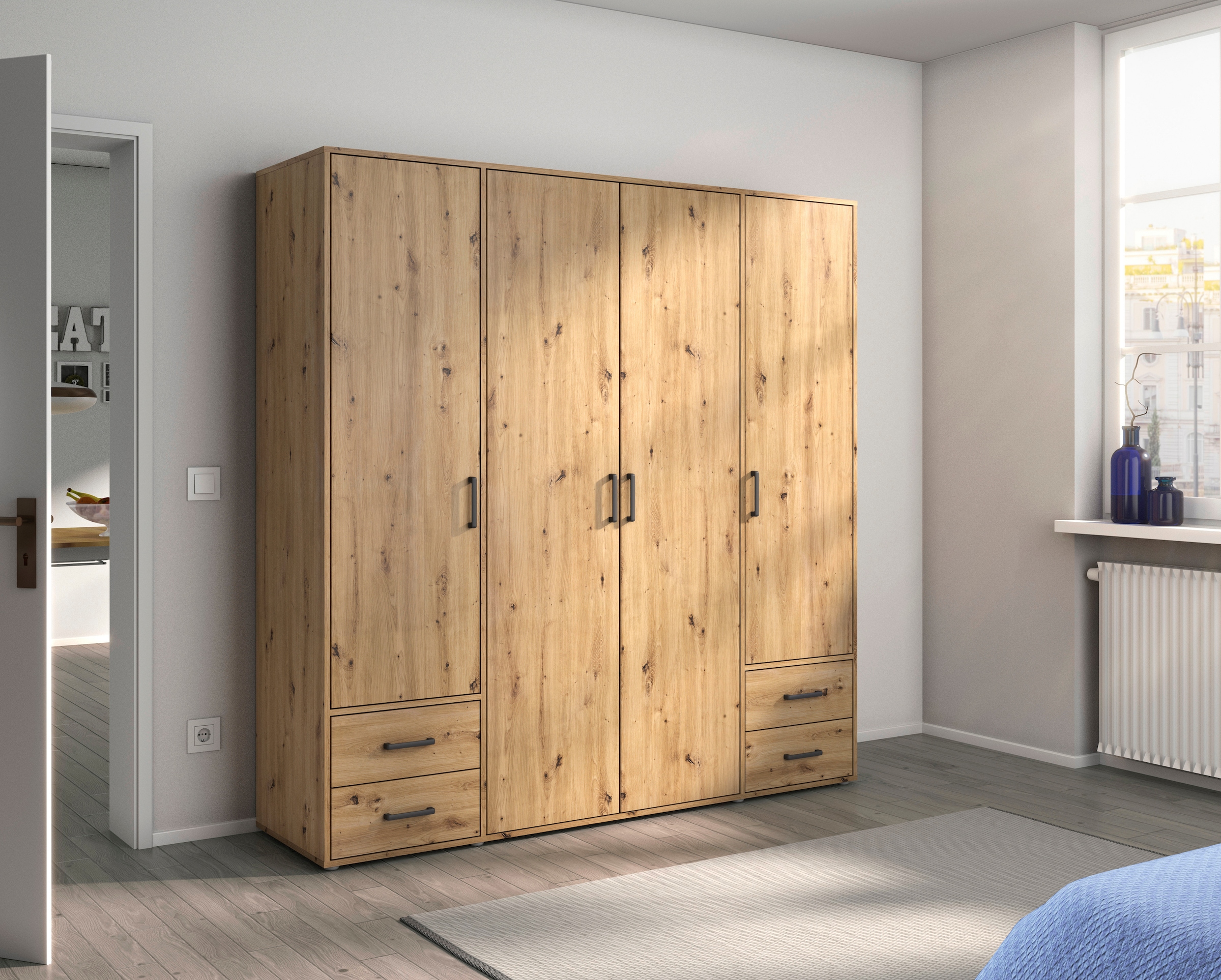 rauch Drehtürenschrank »Kleiderschrank Schrank Garderobe Wäscheschrank VOYAGER«, (in 3 verschiedenen Ausstattungen BASIC/CLASSIC/PREMIUM), moderne Griffe in Graumetallic mit Außenschubkästen MADE IN GERMANY