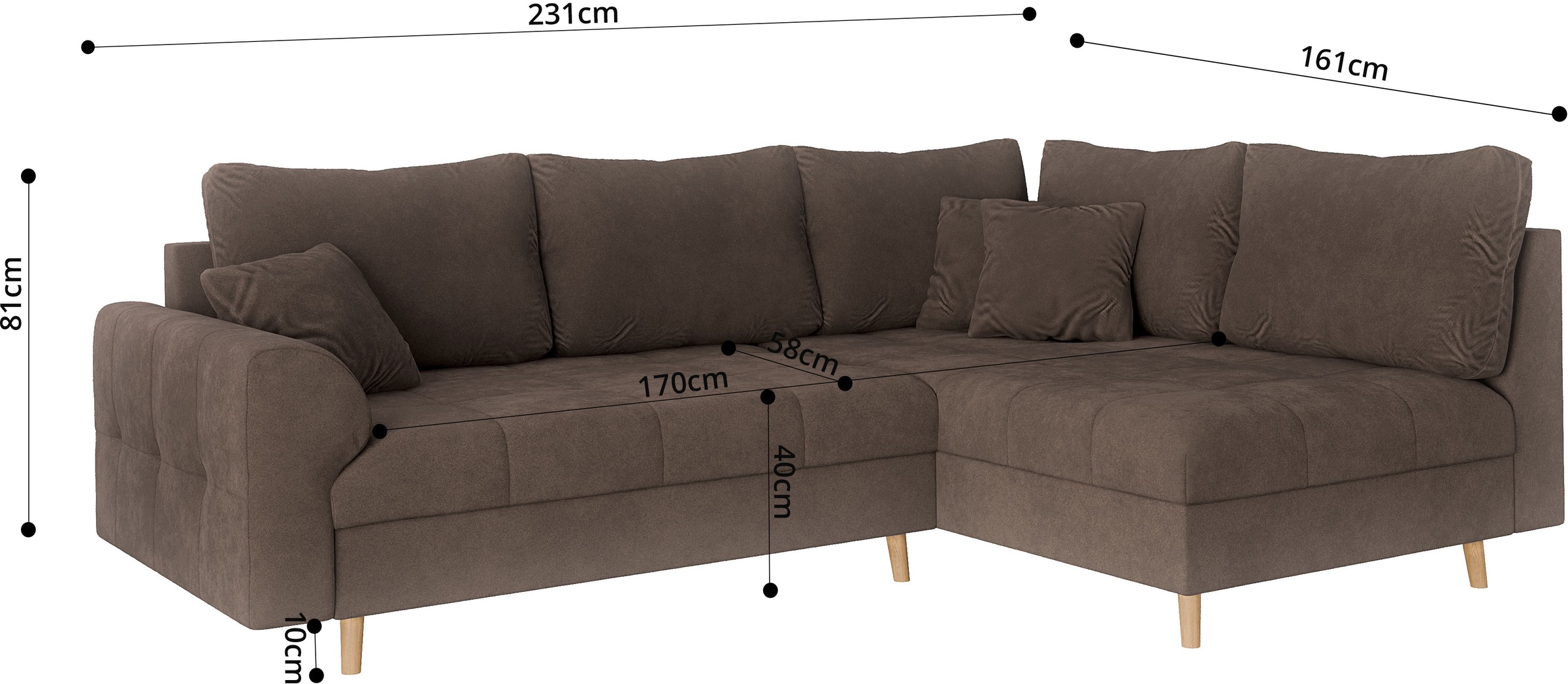 Home affaire Ecksofa »CHARRE L-Form mit Ottomane, Maße B/T/H: 231/161/81 cm«, feine Steppung, lose Rücken- und Zierkissen, auch in Cord und Bouclé