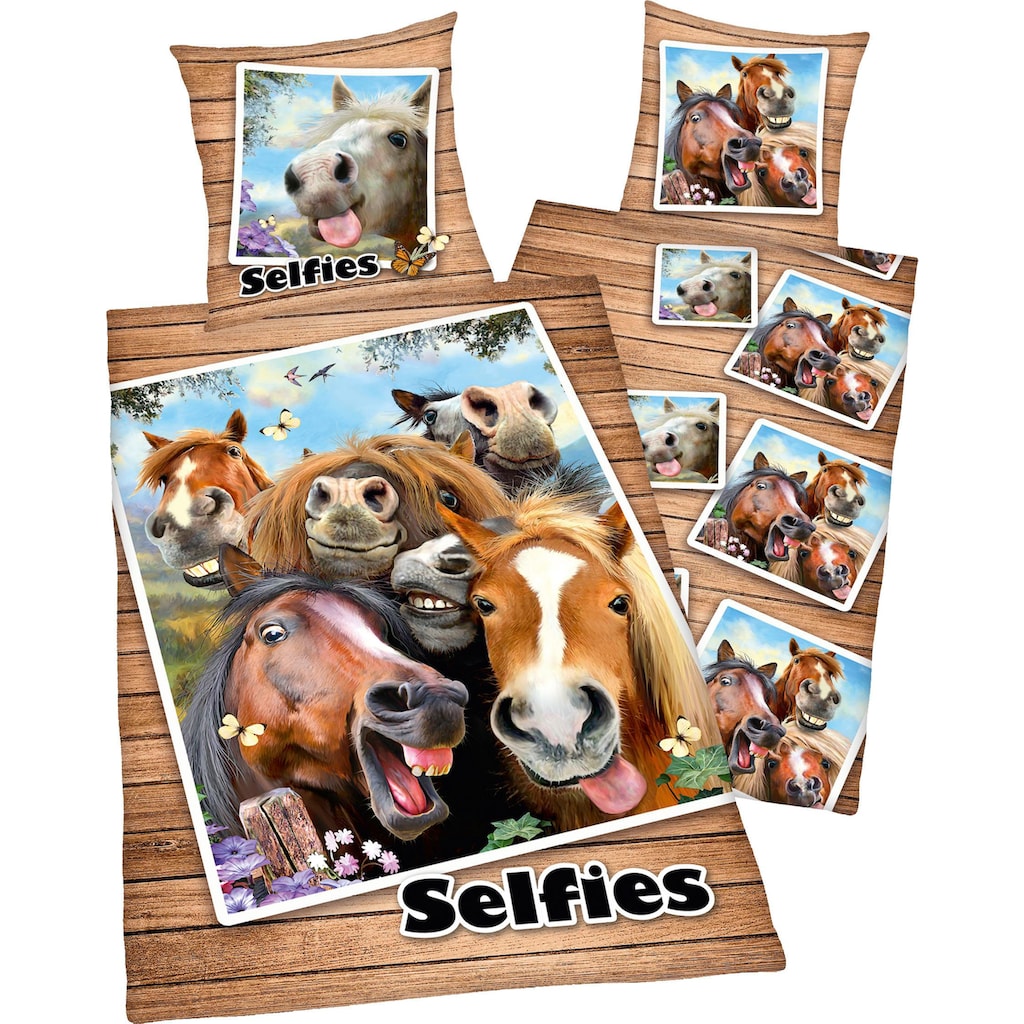 Kinderbettwäsche »Selfies Pferde« (2 tlg.) mit Pferdeköpfen