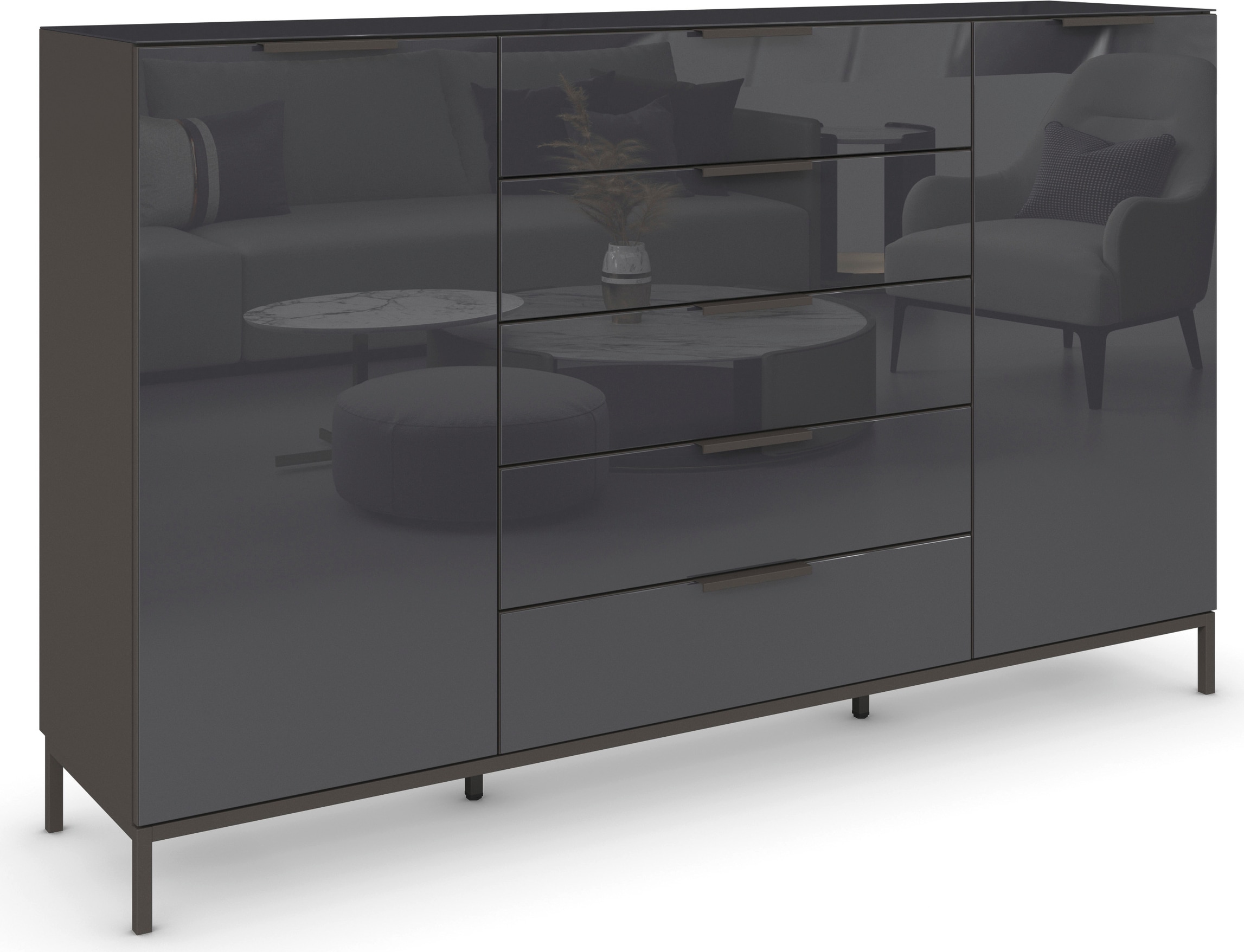 rauch Schubkastenkommode "Kommode Türkommode Sideboard Kombikommode FLIPP mit Glasfront" Breite 160/180 cm mit 4 Einlegeböden, 2-türig, 5 Schubladen, Soft-Close, Oberboden und Front Glas, 2 Breiten