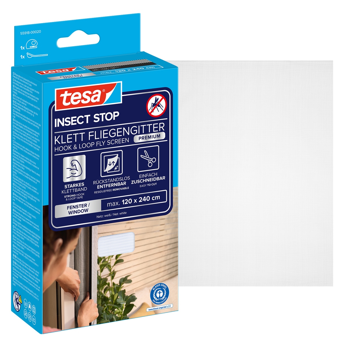 tesa Fliegengitter-Gewebe »Premium für Fenster, Insektenschutz mit Klettband - 120 x 240 cm« Packung, Fliegennetz, Klettband, Andrück und Schneidehilfe, 1 Stk. tlg. Mückenschutz mit starkem Klettband, rückstandsfrei entfernbar