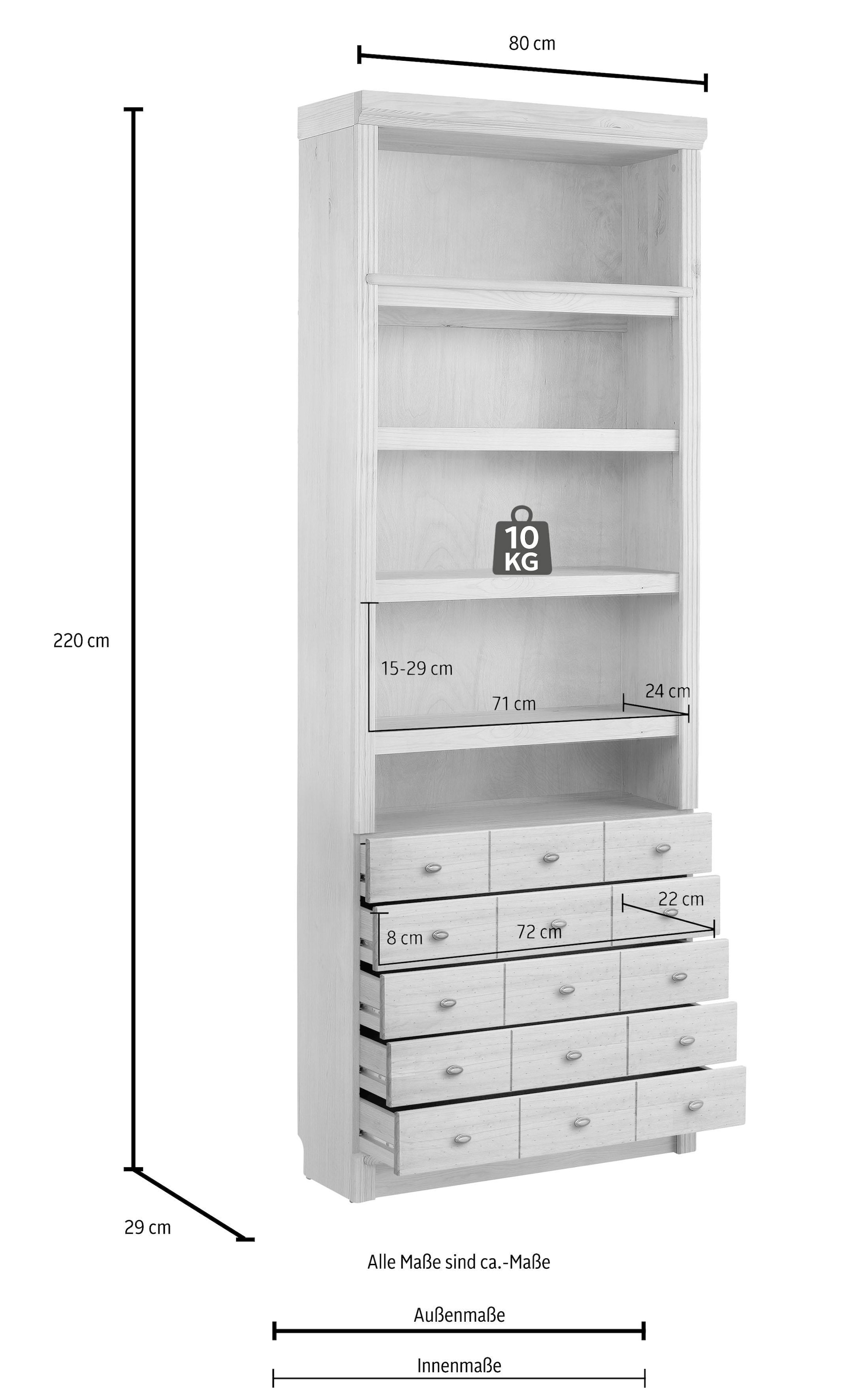 Home affaire Bücherregal »Soeren«, aus massiver Kiefer, in 2 Höhen, Tiefe 29 cm, mit 5 Schubkästen