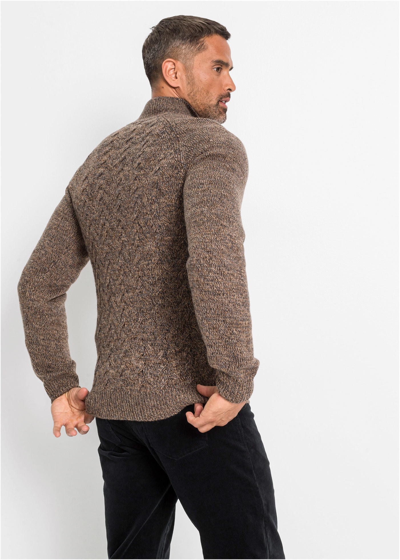 bonprix Strickpullover »Troyer-Pullover mit Wolle« mit Zopfmuster in melierter Optik