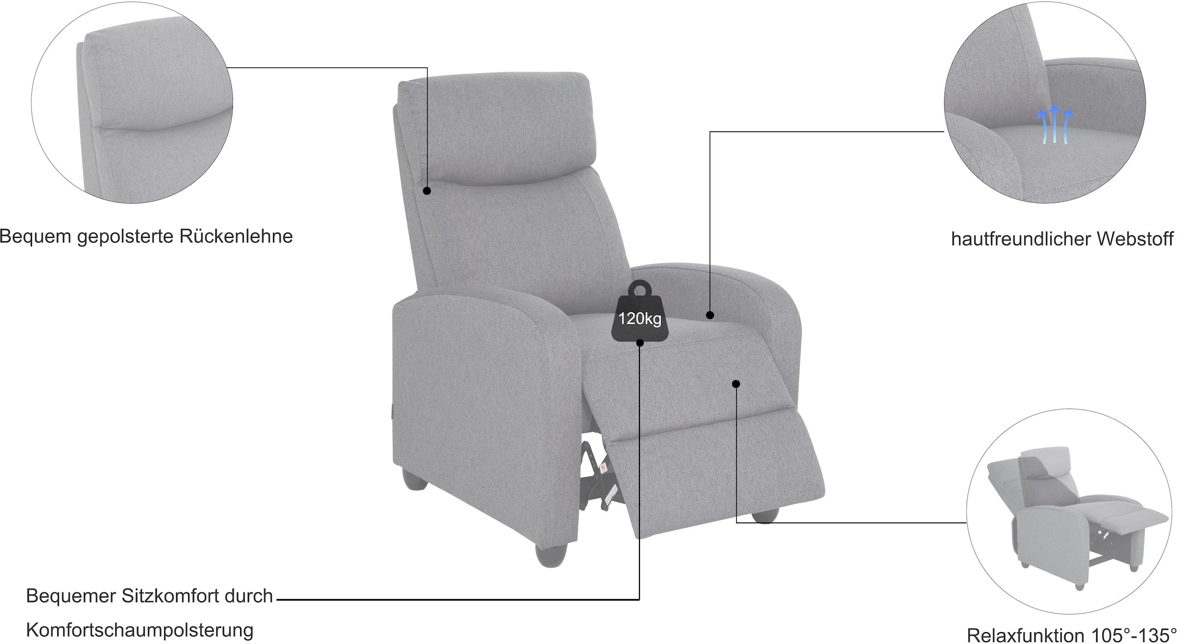 Home affaire Relaxsessel »JULINOR, TV-Sessel, Ruhesessel mit Schlaffunktion, Webstoff« Liegesessel mit manueller Relaxfunktion