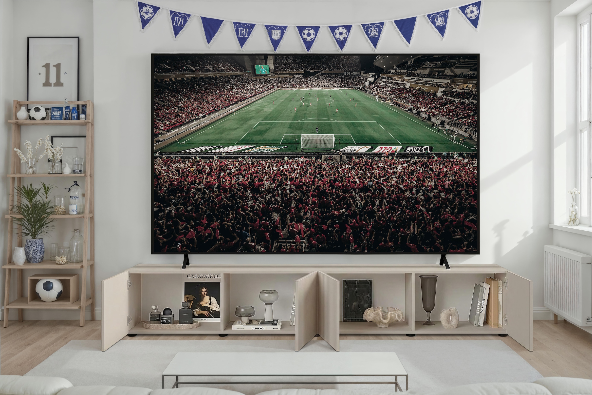 OTTO home Lowboard »Rio, 245 cm breit, 47 cm tief, 4 Türen mit geriffelten MDF Fronten« Modernes Lowboard für bis zu 98-Zoll-TV – perfekt für die WM