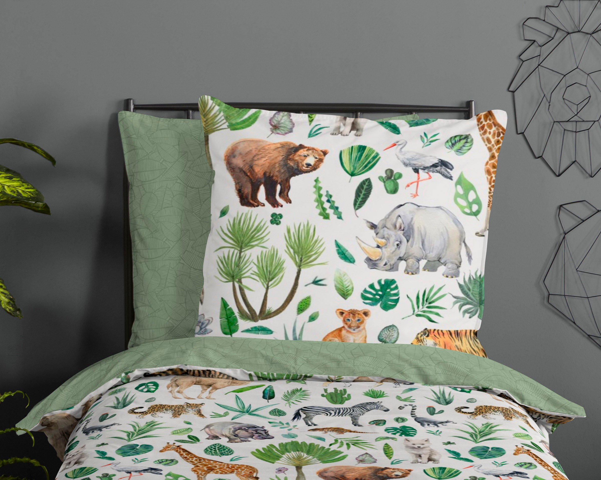 good morning Kinderbettwäsche »Samba«, 100% Baumwolle, 135x200, Reißverschluss, Wendeoptik, Kind, Tier, Grün