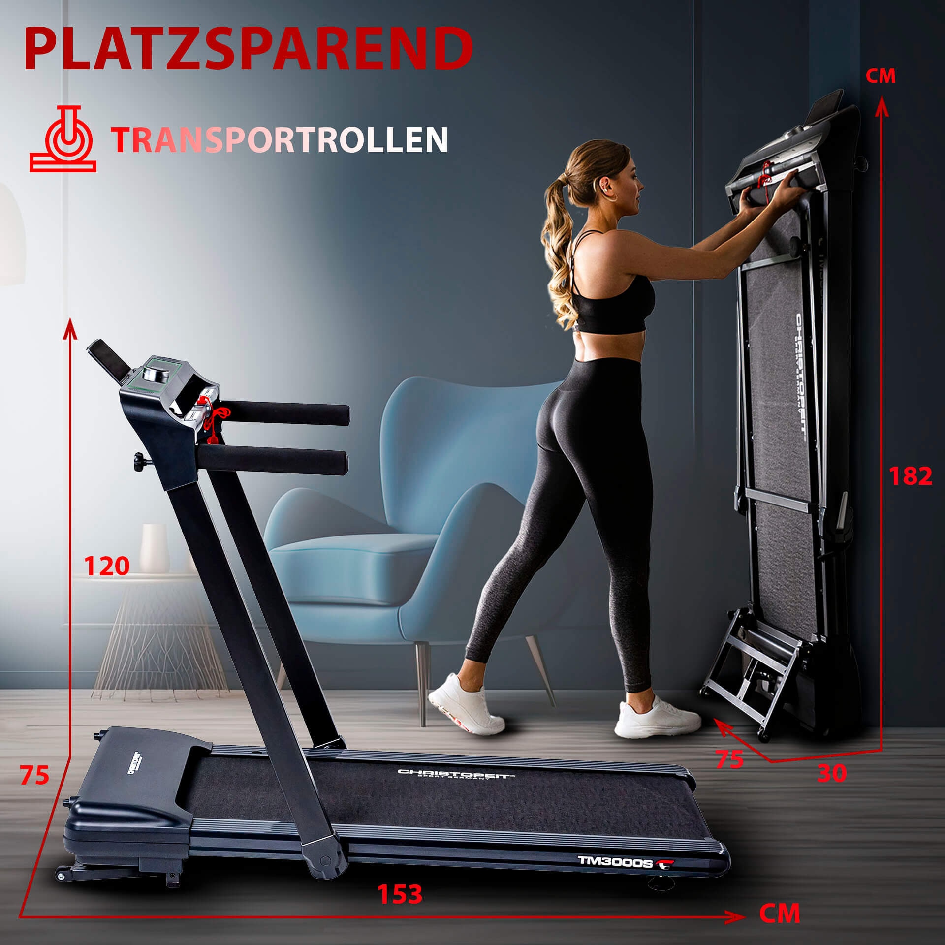 Christopeit Sport® Laufband »TM 3000S«, (Bluetooth-Funktion, integrierte Transportrollen und Tablethalterung), bis max. 16 km/h, klappbar