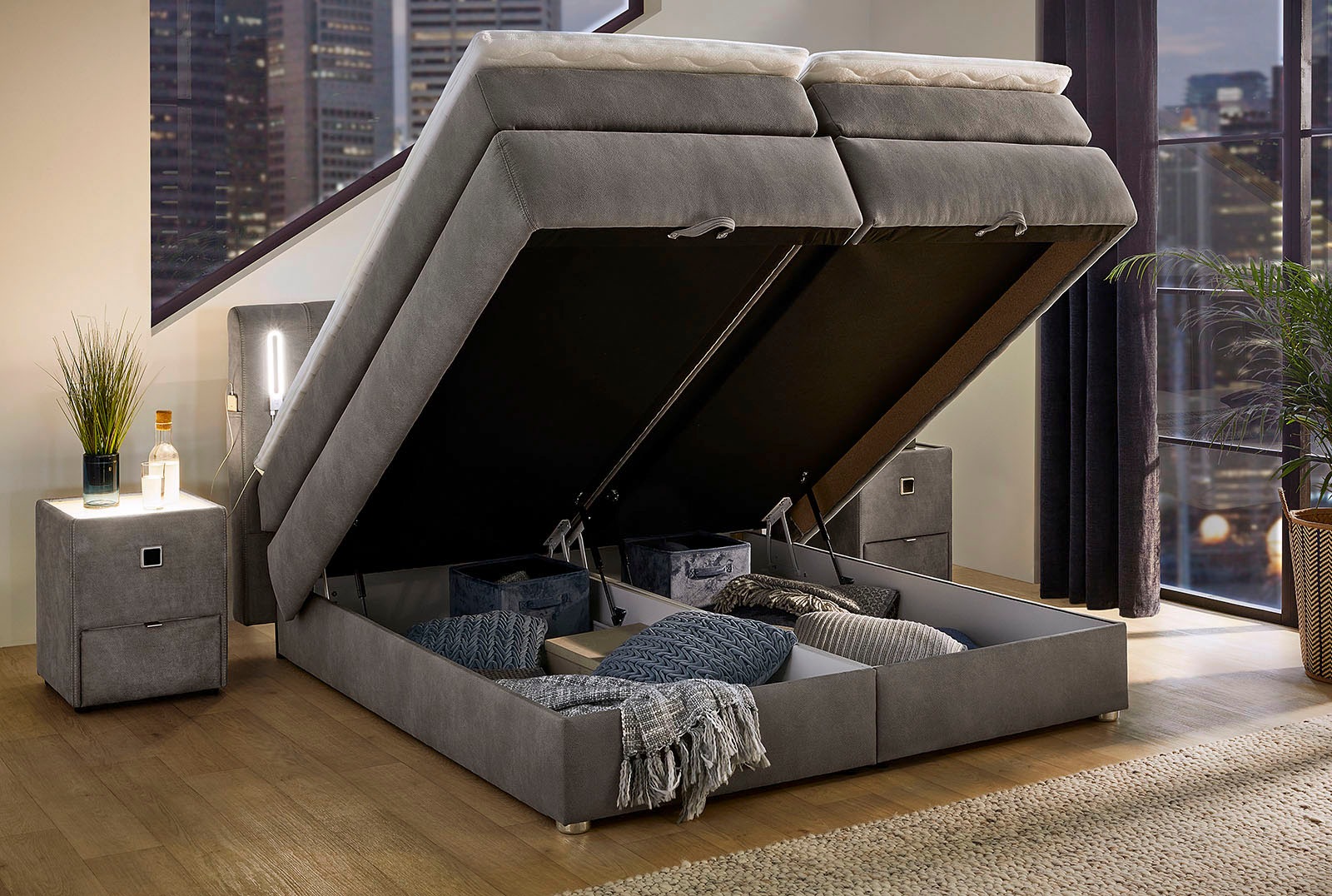 Jockenhöfer Gruppe Boxspringbett »KATI mit Stauraum, inkl. Bonnellmatratze H2/H3« Höhenverstellbares Kopfteil mit LED´s, USB- Ladeports 180 cm x 200 cm