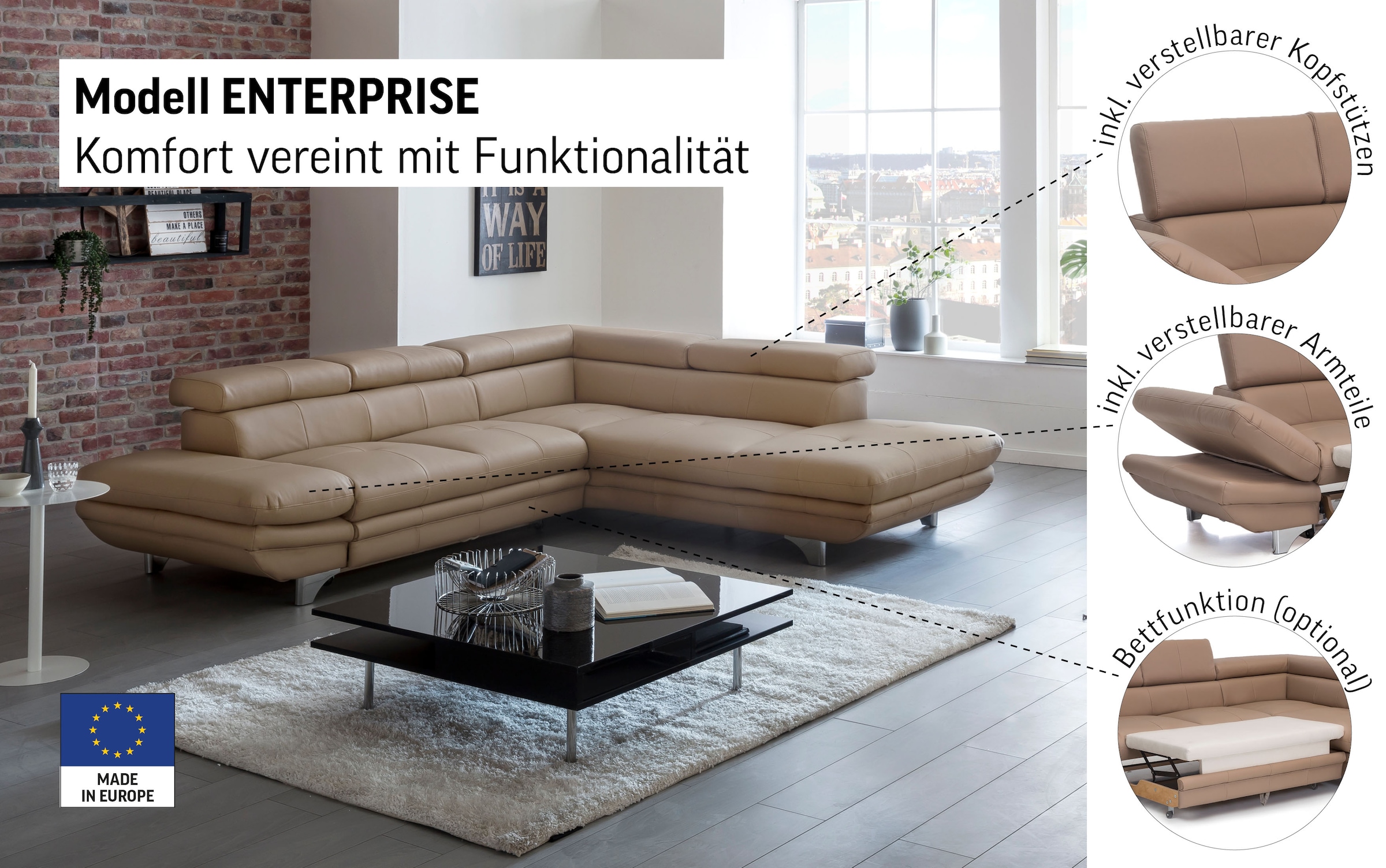COTTA Ecksofa »Enterprise L-Form«, mit Arm- & Kopfteilverstellung, wahlweise mit Bettfunktion