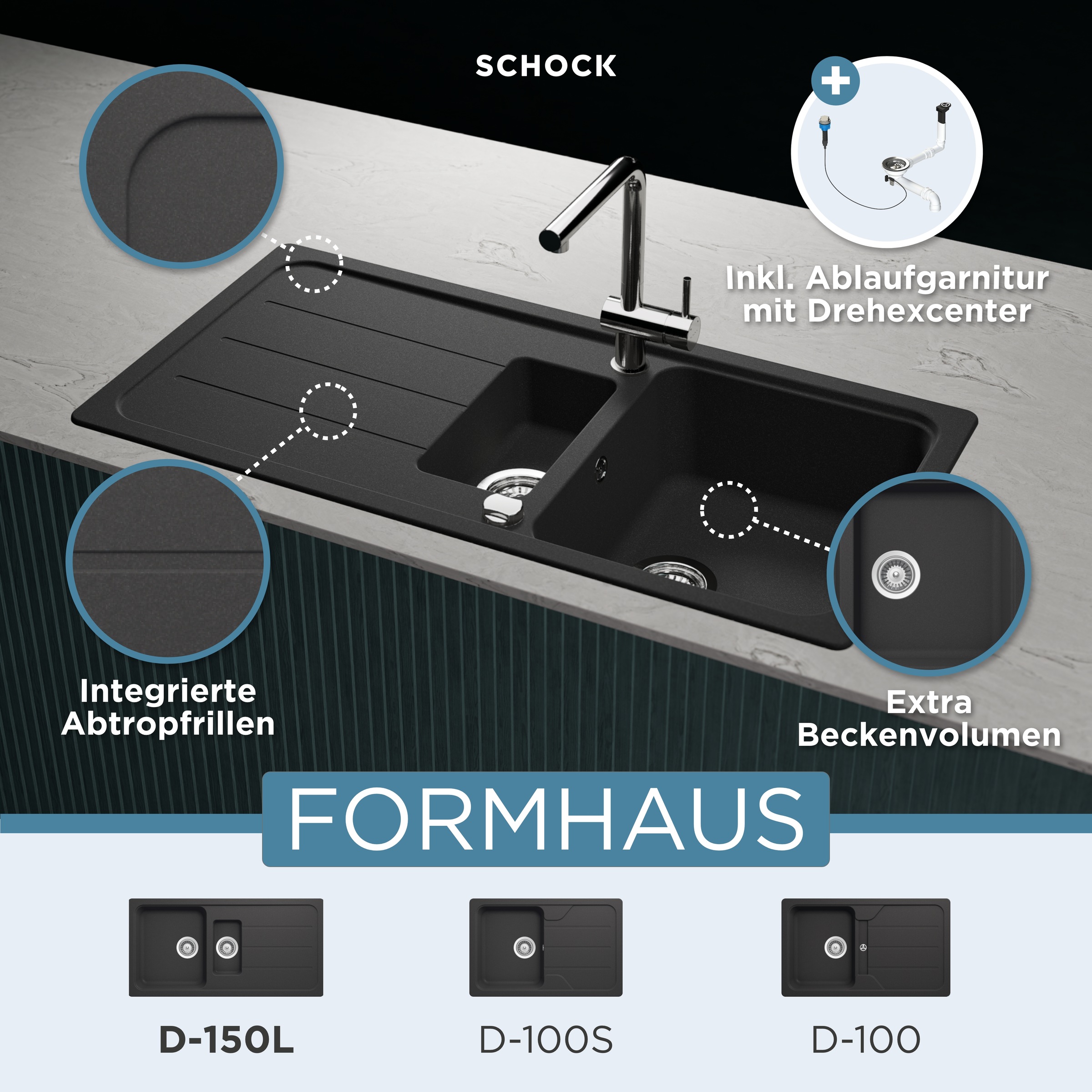 Schock Granitspüle »COMO D-150L«, inklusive ab- und Überlaufgarnitur, Drehhexcenter, Diamantbohrer