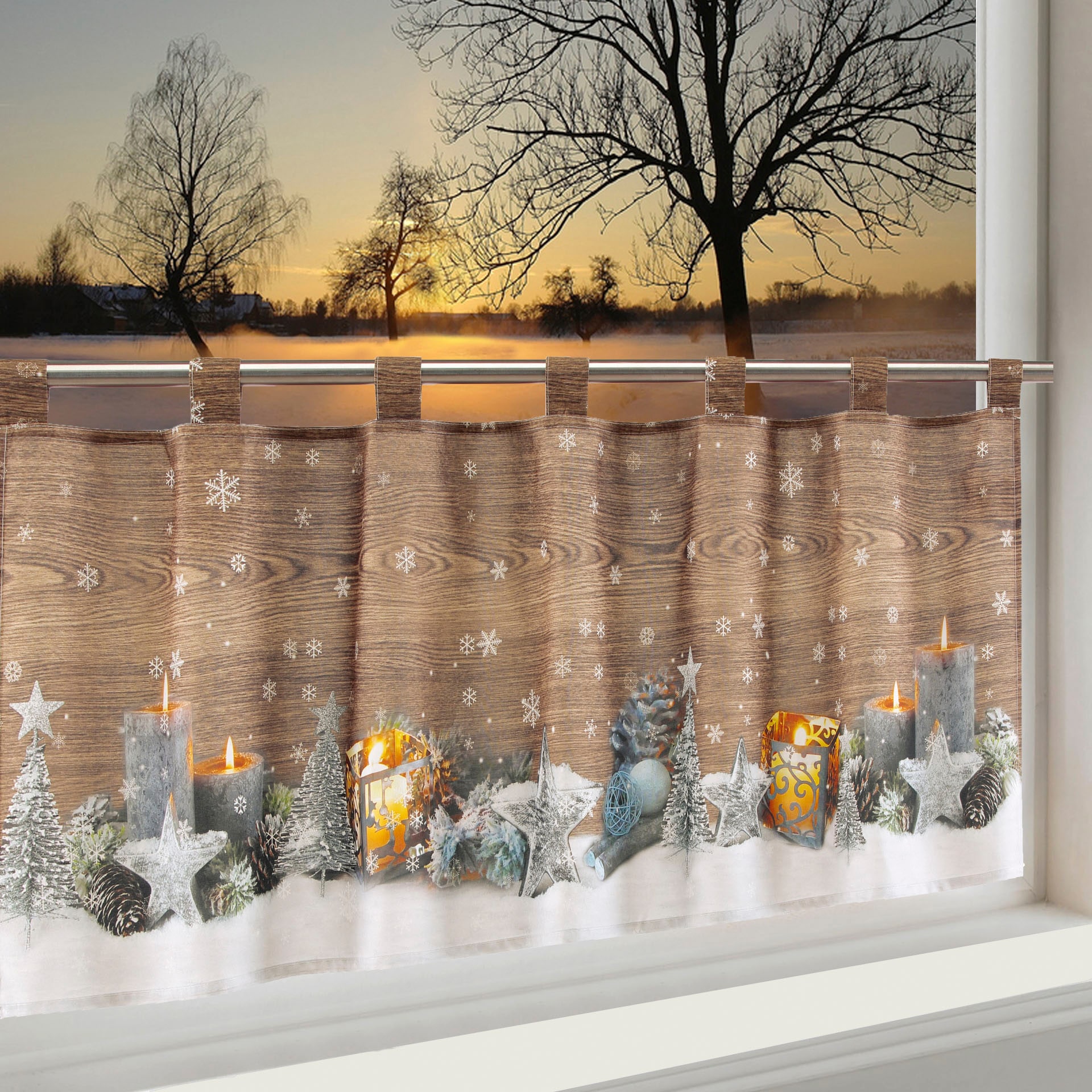 Delindo Lifestyle Scheibengardine »Weihnachtsstimmung«, (1 St.), mit Schlaufenaufhängung, für die Küche, mit LED-Beleuchtung