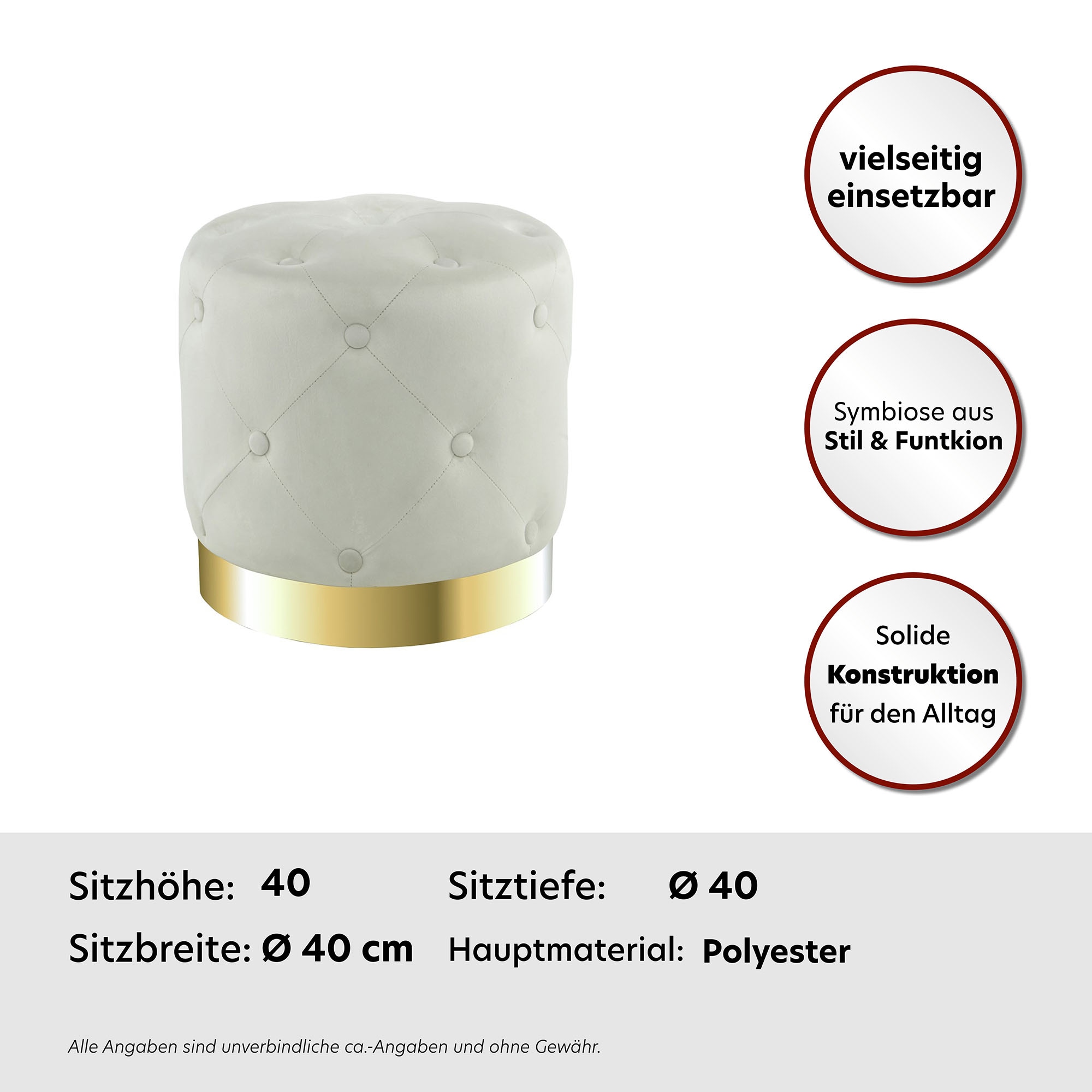 Kayoom Hocker »Piano 225,Sitzhocker mit weichem Velvet-Bezug, edles Ambient«, (1 St.), rund, glamourös, hochwertig, gesteppt, mit eingelassenen Dekoknöpfen
