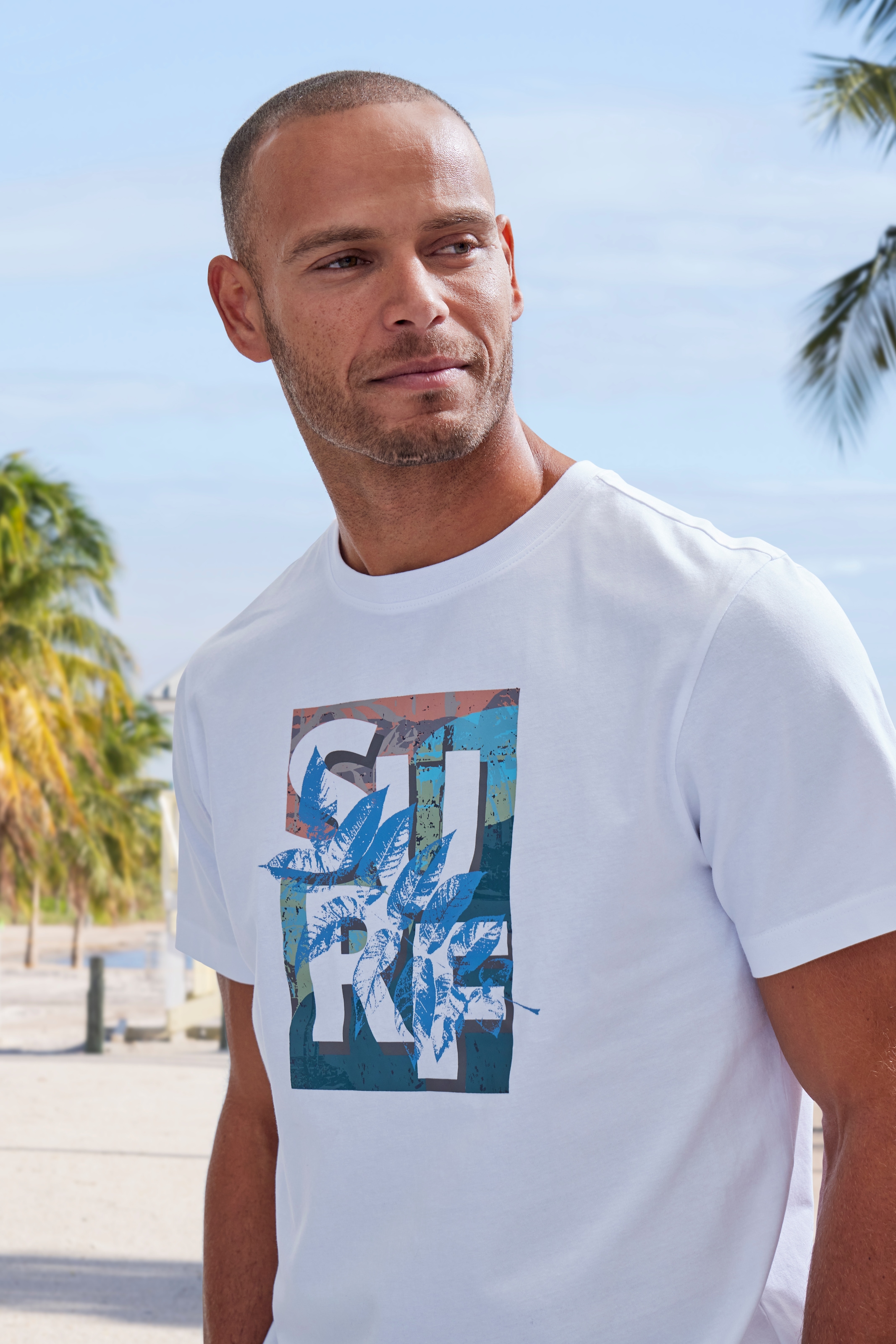 John Devin T-Shirt, Rundhalsshirt mit Surf -Aufdruck aus reiner Baumwolle