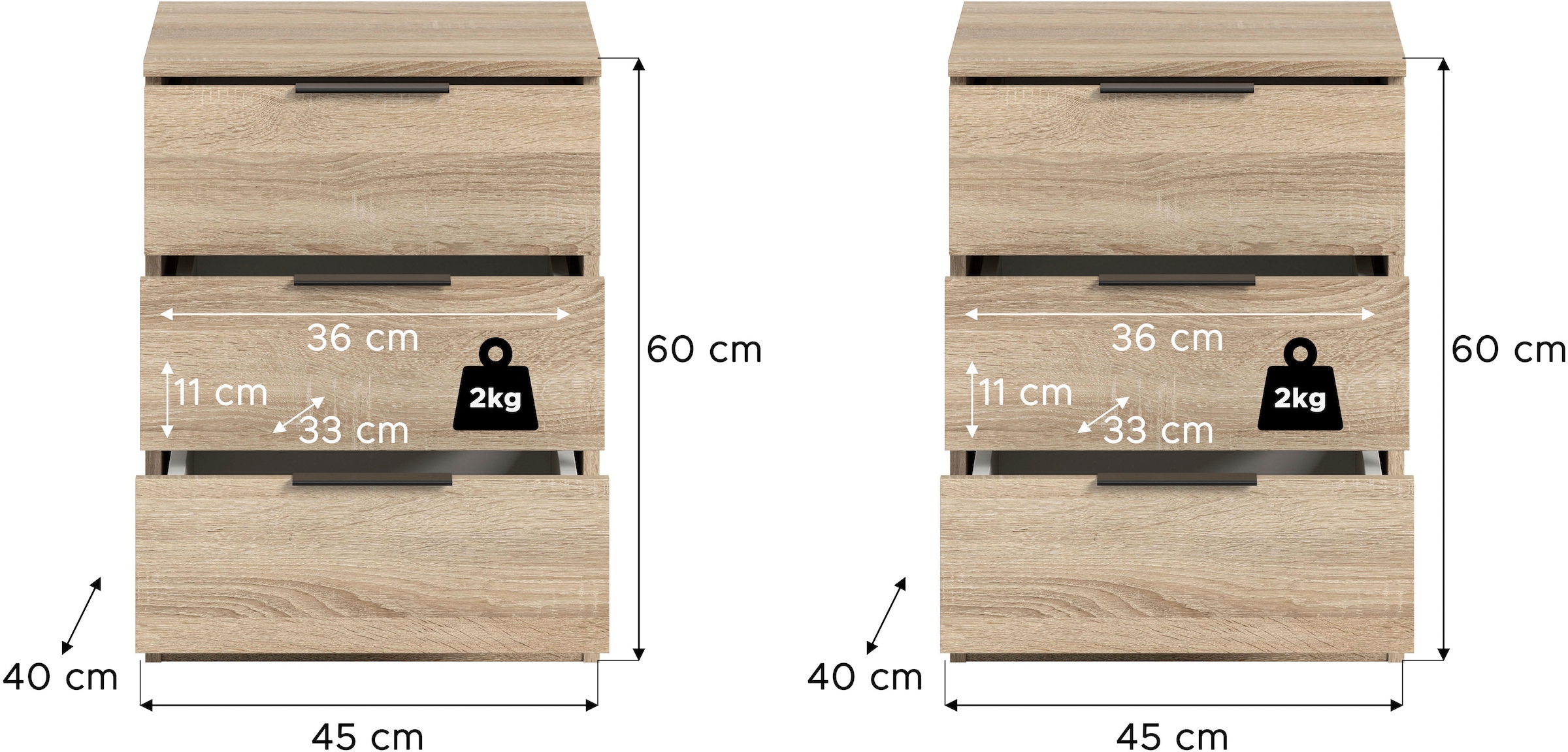 Home affaire Nachtkommode »Skarde 2 Nachttische, jeweils Breite: 45 cm« Set, Sie bekommen 2  Nachttische im Set, 2 Stk. tlg. Skarde, 2er Set Nachtkommoden, 3 Schubkästen, Sonoma Eiche NB