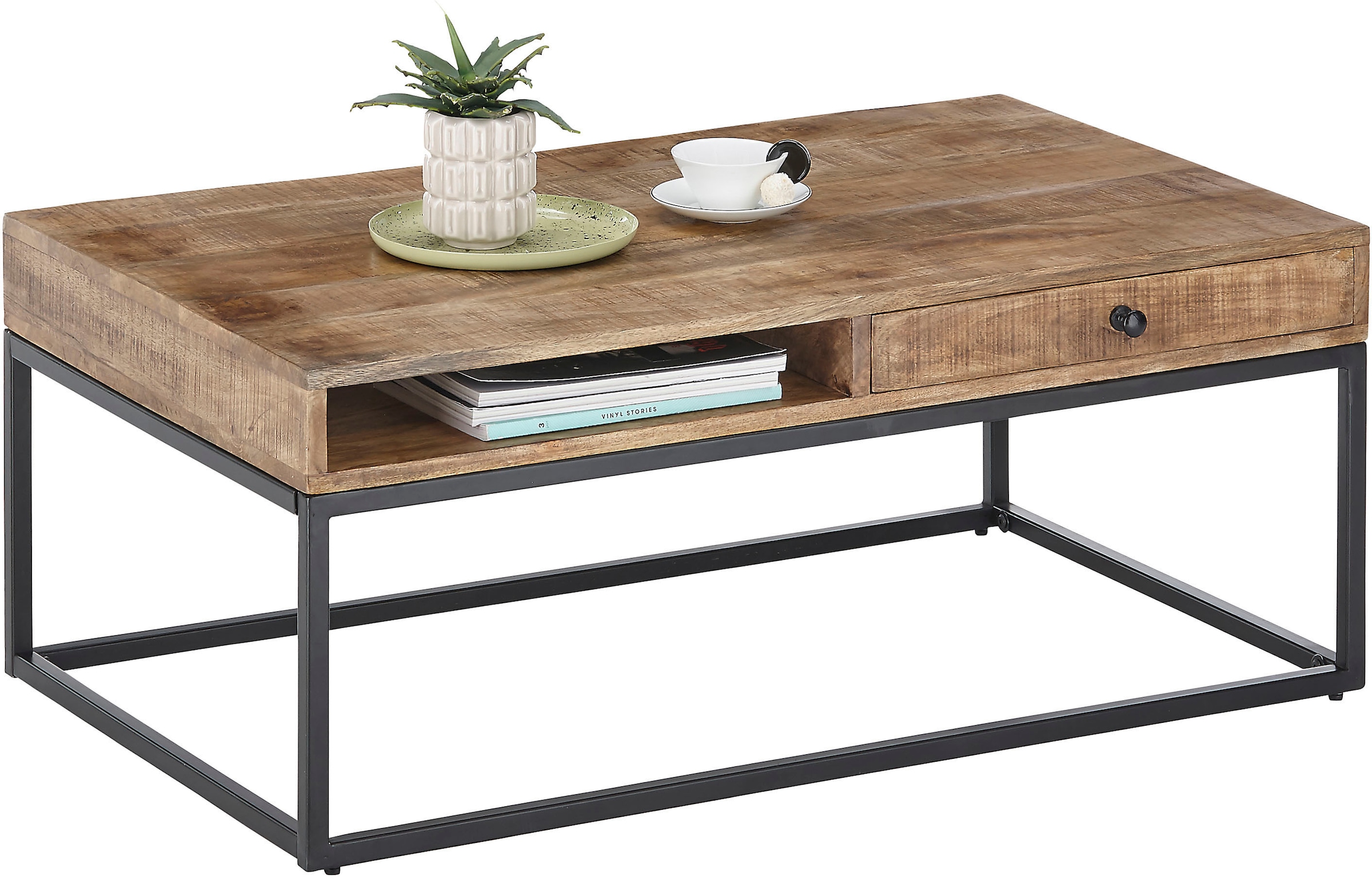 Stolkom Couchtisch »ALISON« Massivholz mit Schublade, Tisch im Industrial Style