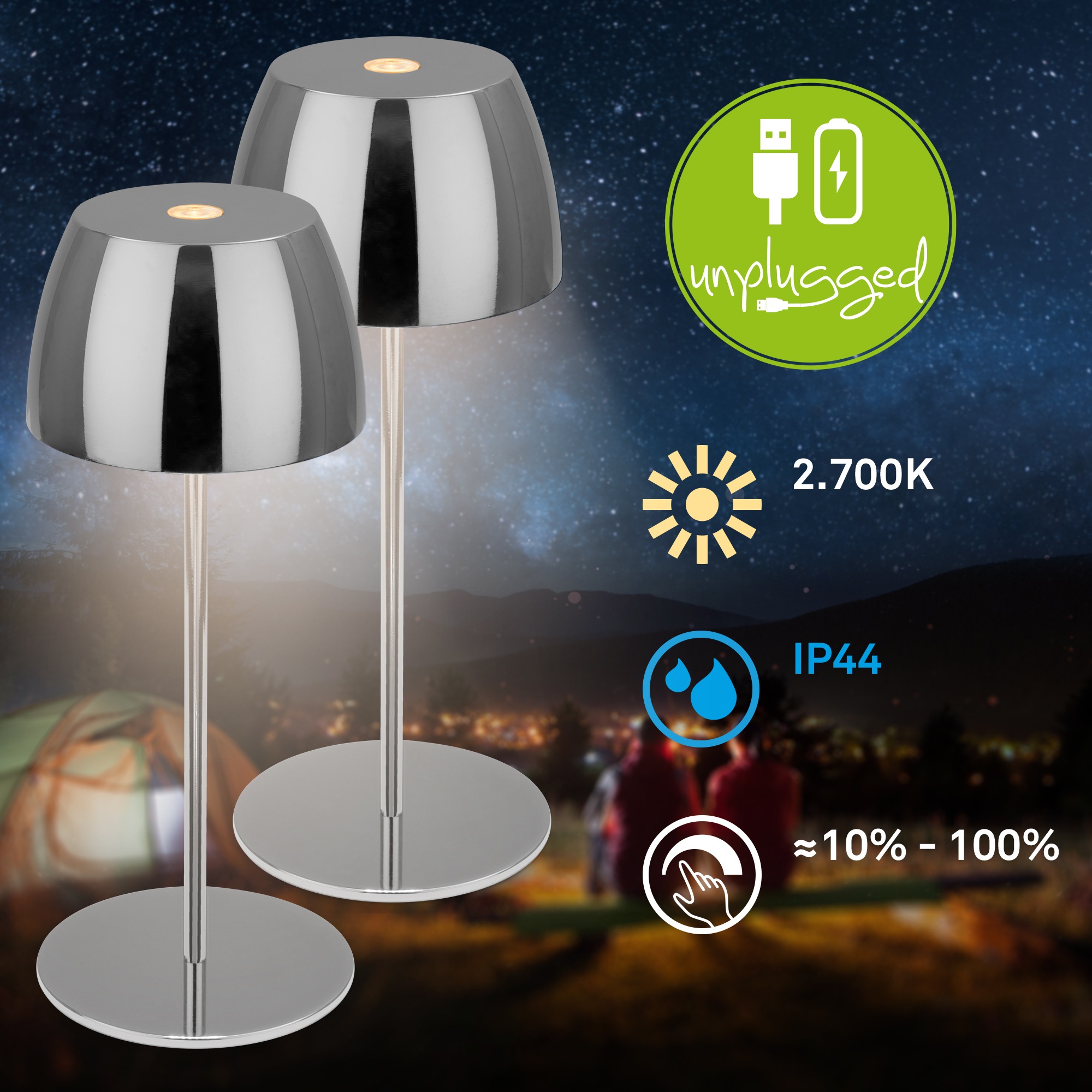 Briloner Leuchten LED Außen-Tischleuchte »SERINA MINI« LED-Modul 2 Stk. Warmweiß kabellos 20 x 8 cm Chromfarben 2,5W Wohnzimmer Schlafzimmer 2er-Set
