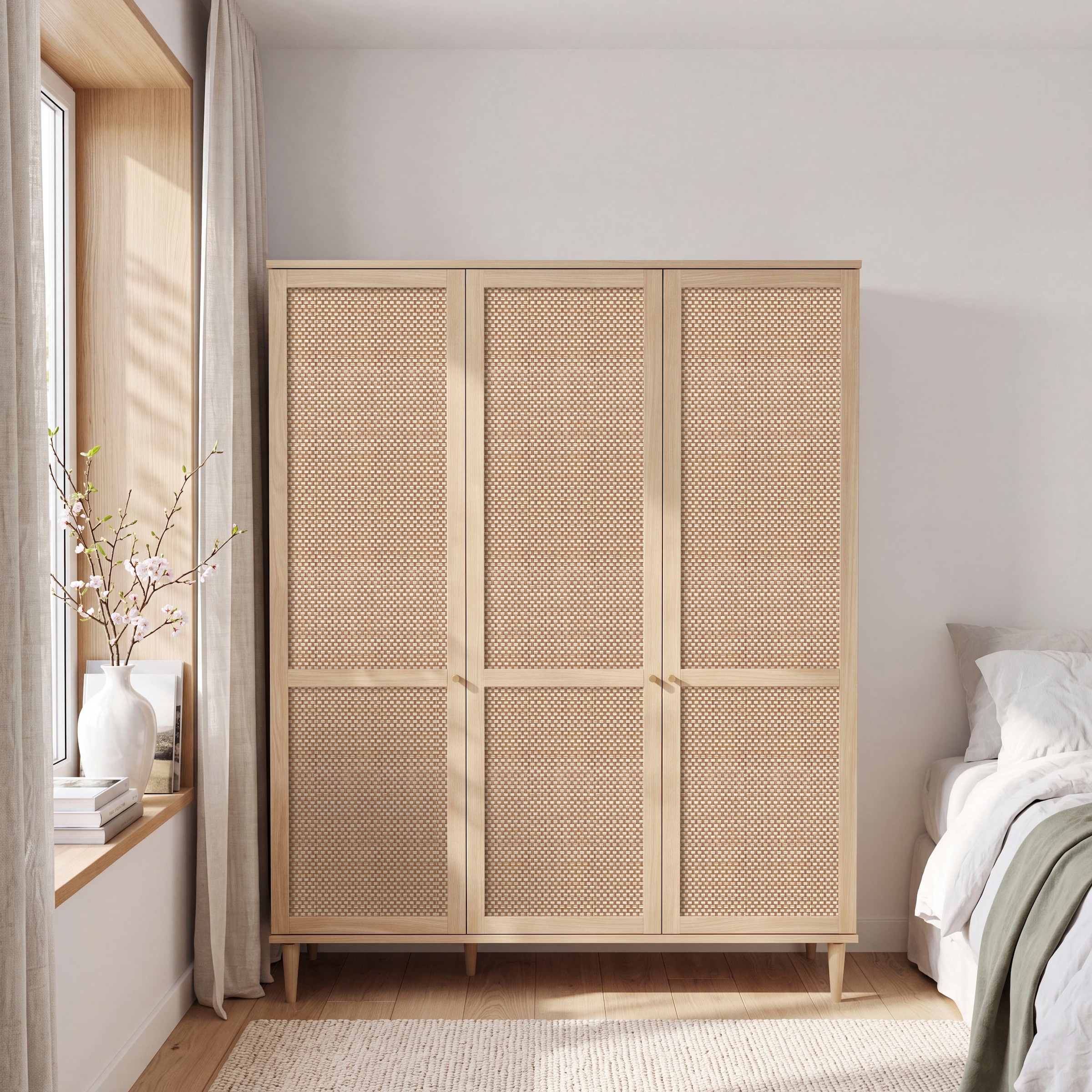 OTTO home Kleiderschrank »ELLIAN mit natürlicher Geflechtoptik und warmem Holzdekor« Holzfüße, Metallgriffe, Made in EU, viel Stauraum, FSC® zertifiziert
