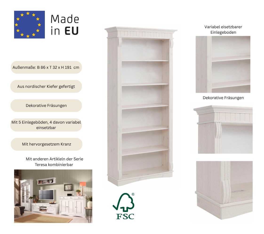 Home affaire Regal »Teresa, Standregal, Bücherregal«, aus massiver Kiefer, Breite 86 cm, Höhe 193 cm, FSC®