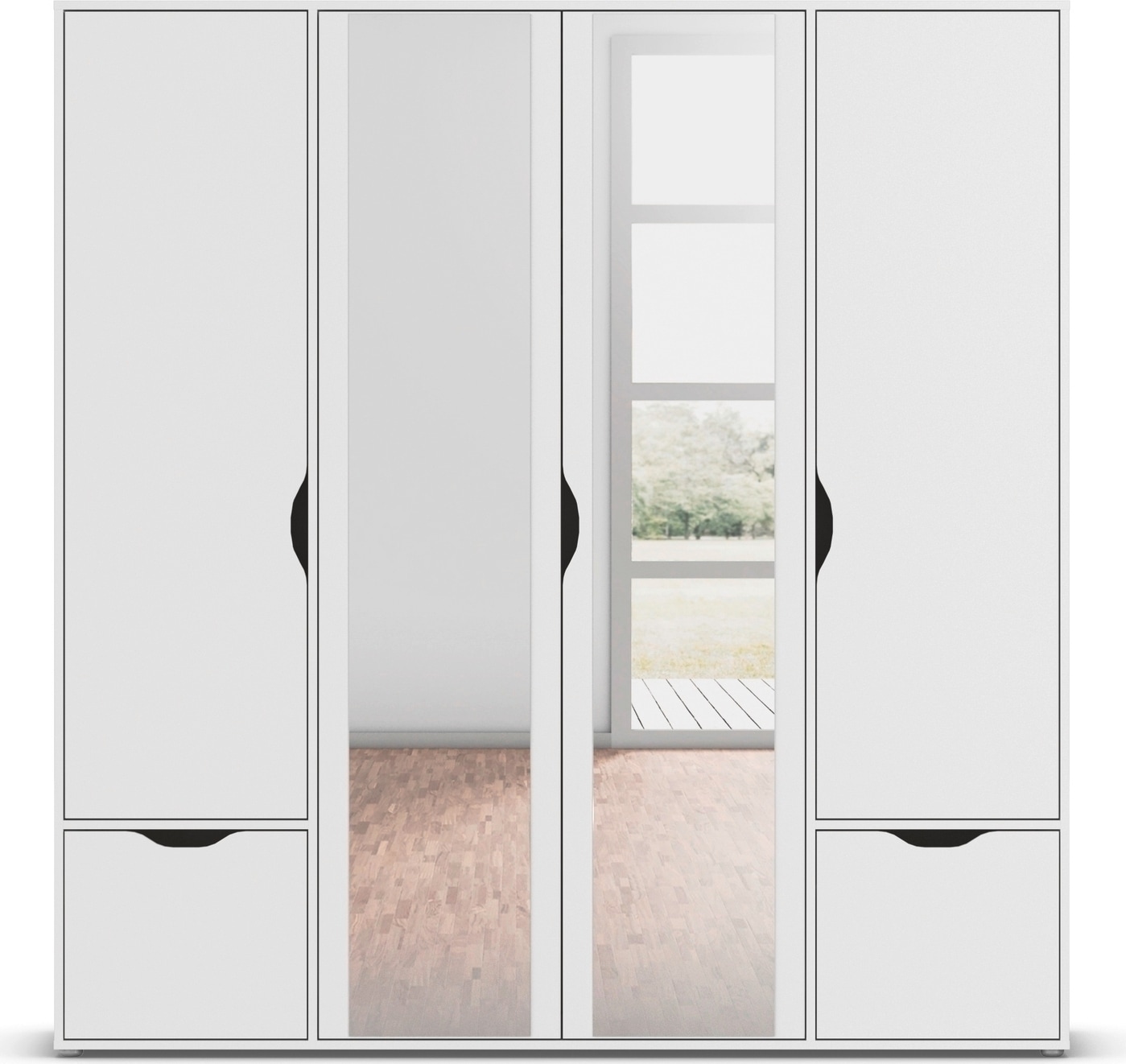 rauch Drehtürenschrank »Kleiderschrank Schrank Garderobe Wäscheschrank NARAI mit Schubladen«, (in 3 verschiedenen Ausstattungen BASIC/CLASSIC/PREMIUM), Griffausfräsungen für eine grifflose Optik TOPSELLER MADE IN GERMANY