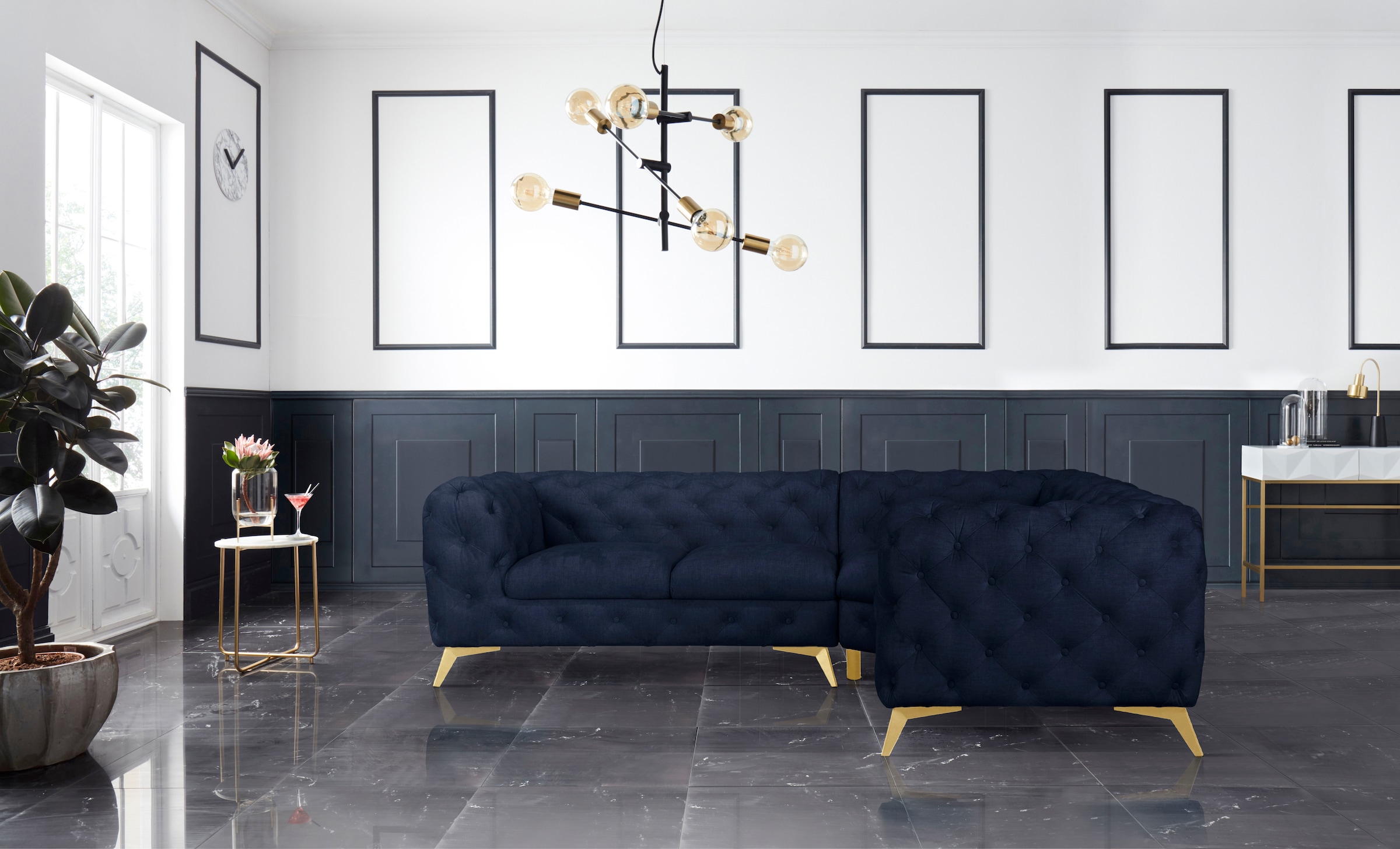 Leonique Chesterfield-Sofa »Ecksofa GLYNIS L-Form mit Wellenunterfederung, Maße B/T/H 264/204/75cm«, aufwändige Knopfheftung, moderne Chesterfield Optik, Fußfarbe wählbar