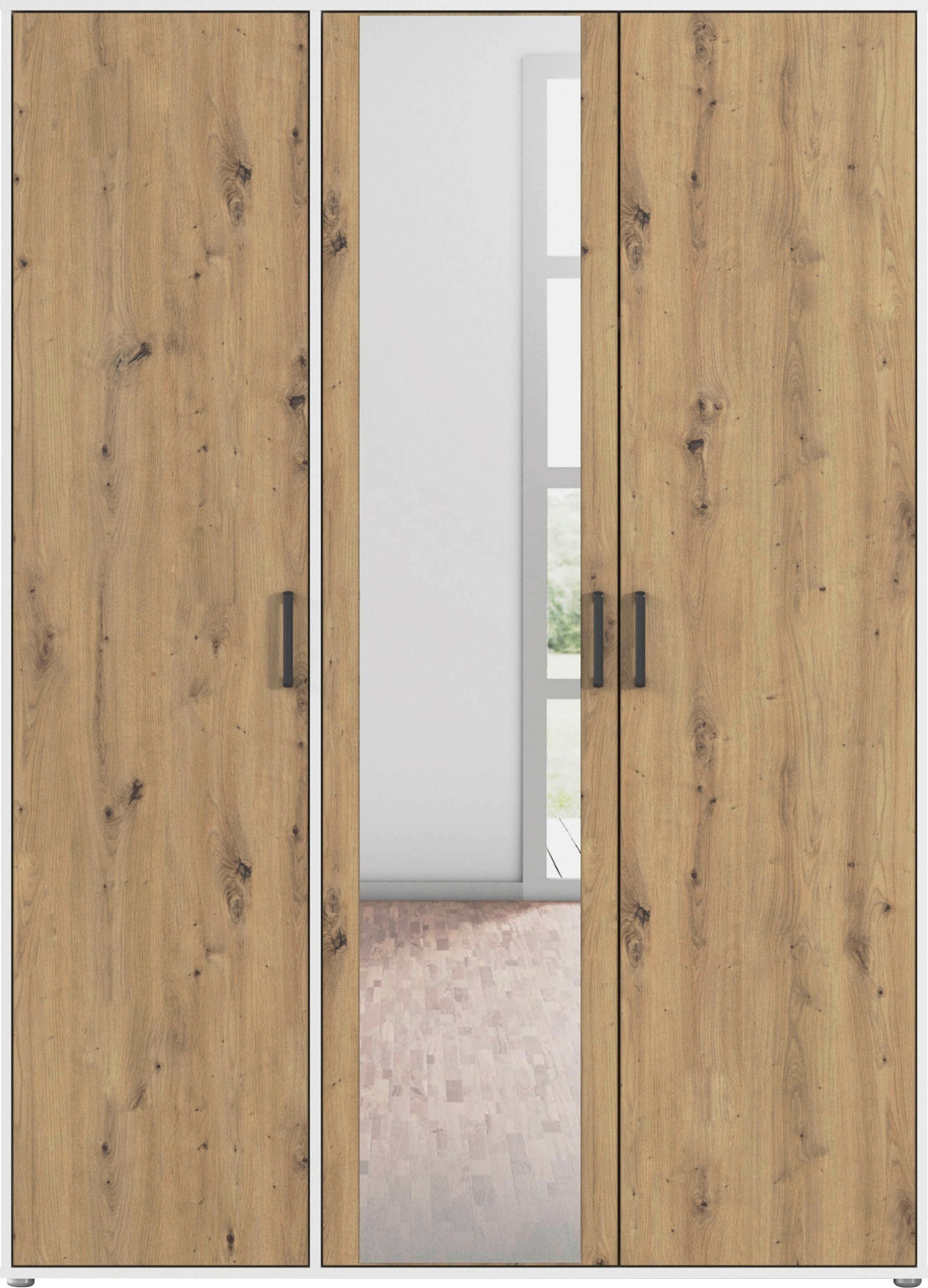 rauch Drehtürenschrank »Kleiderschrank Schrank Garderobe Wäscheschrank VOYAGER«, (in 3 verschiedenen Ausstattungen BASIC/CLASSIC/PREMIUM), mit modernen Griffen in Graumetallic und Spiegel